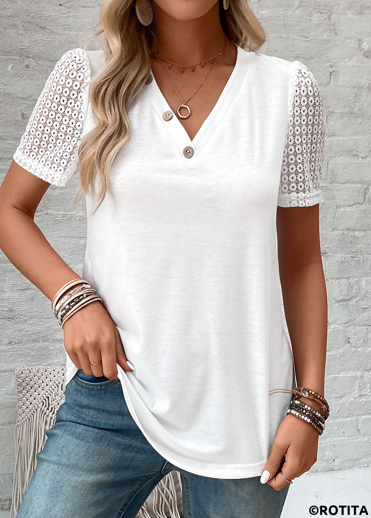 White tops,Plain Color tops,ROTITA Patchwork White V Neck Short Sleeve T Shirt