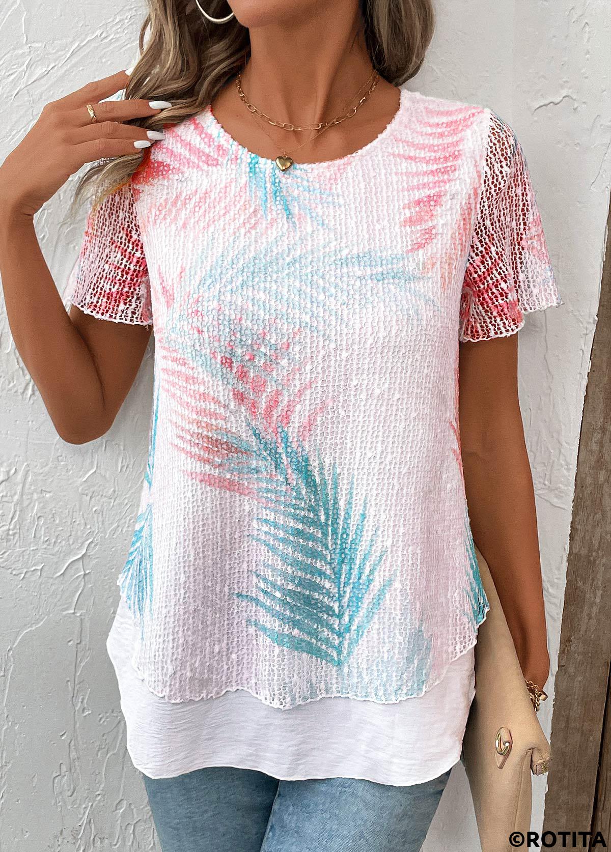 t-shirt blanc à col rond imprimé plantes superposées rotita