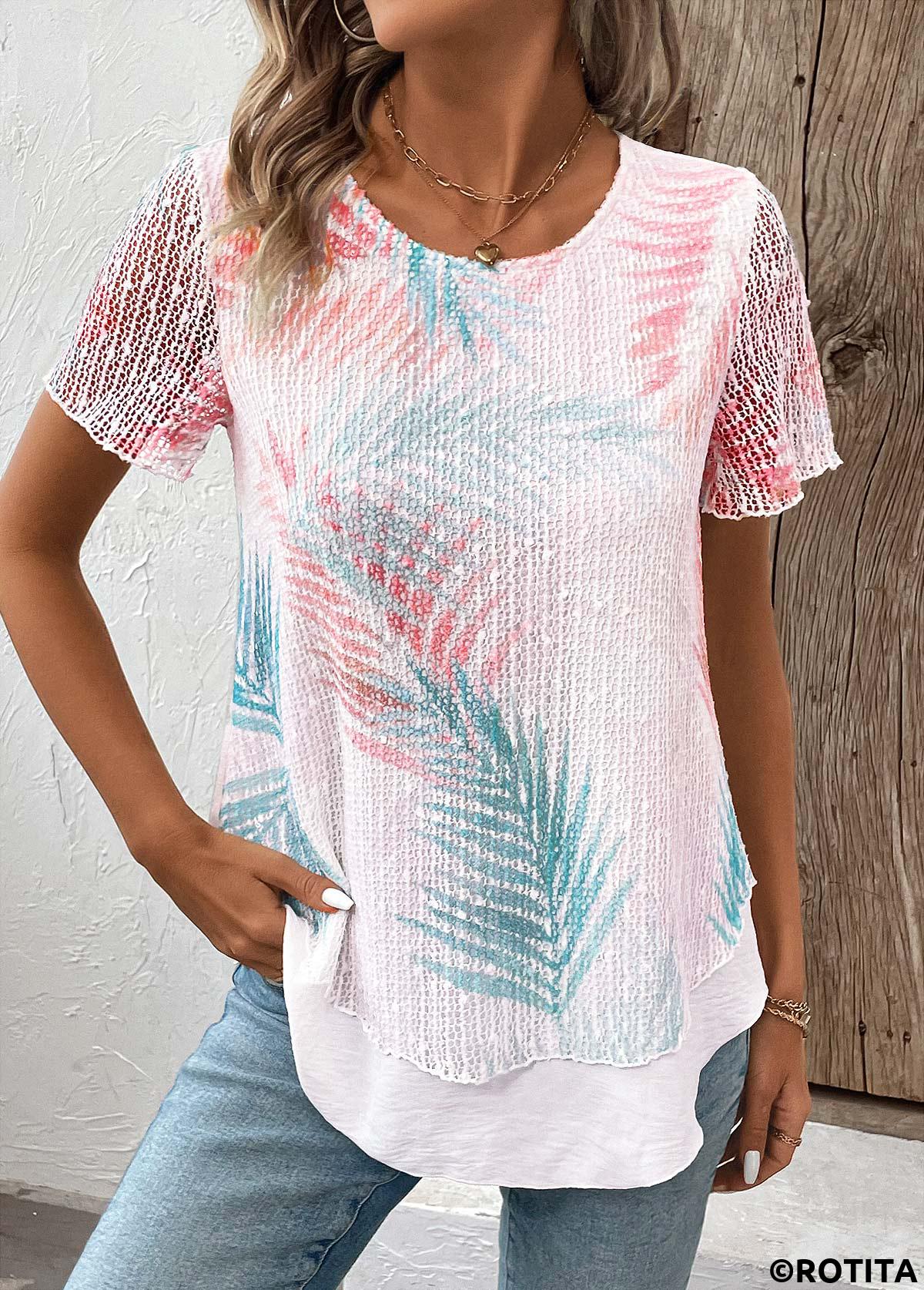 t-shirt blanc à col rond imprimé plantes superposées rotita