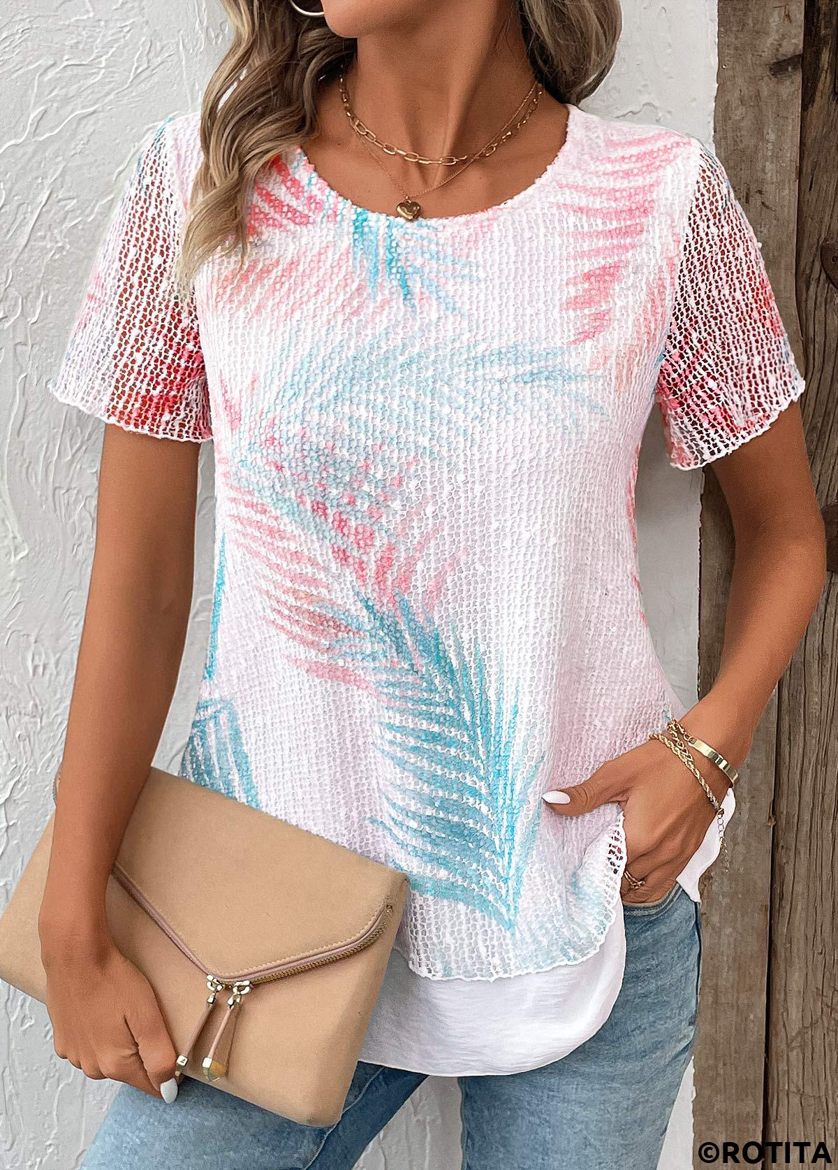 t-shirt blanc à col rond imprimé plantes superposées rotita