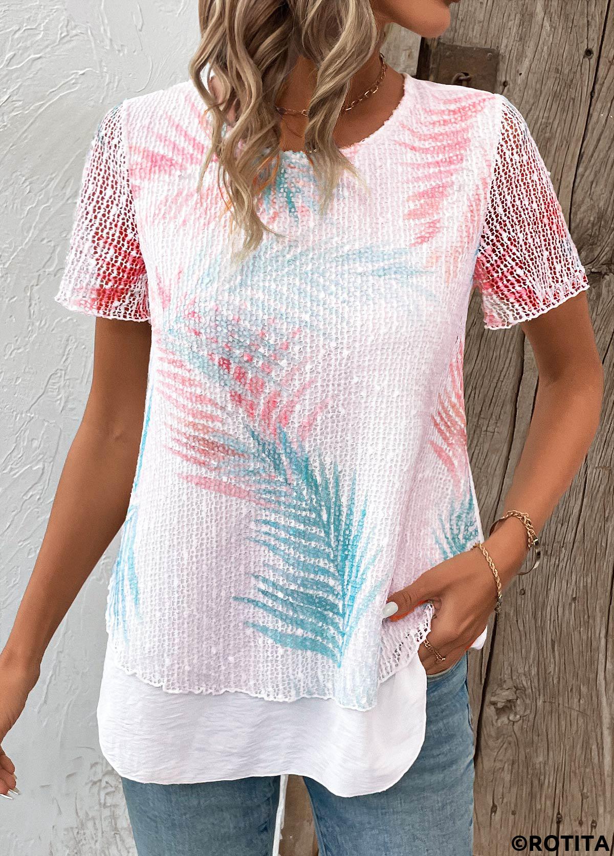 t-shirt blanc à col rond imprimé plantes superposées rotita