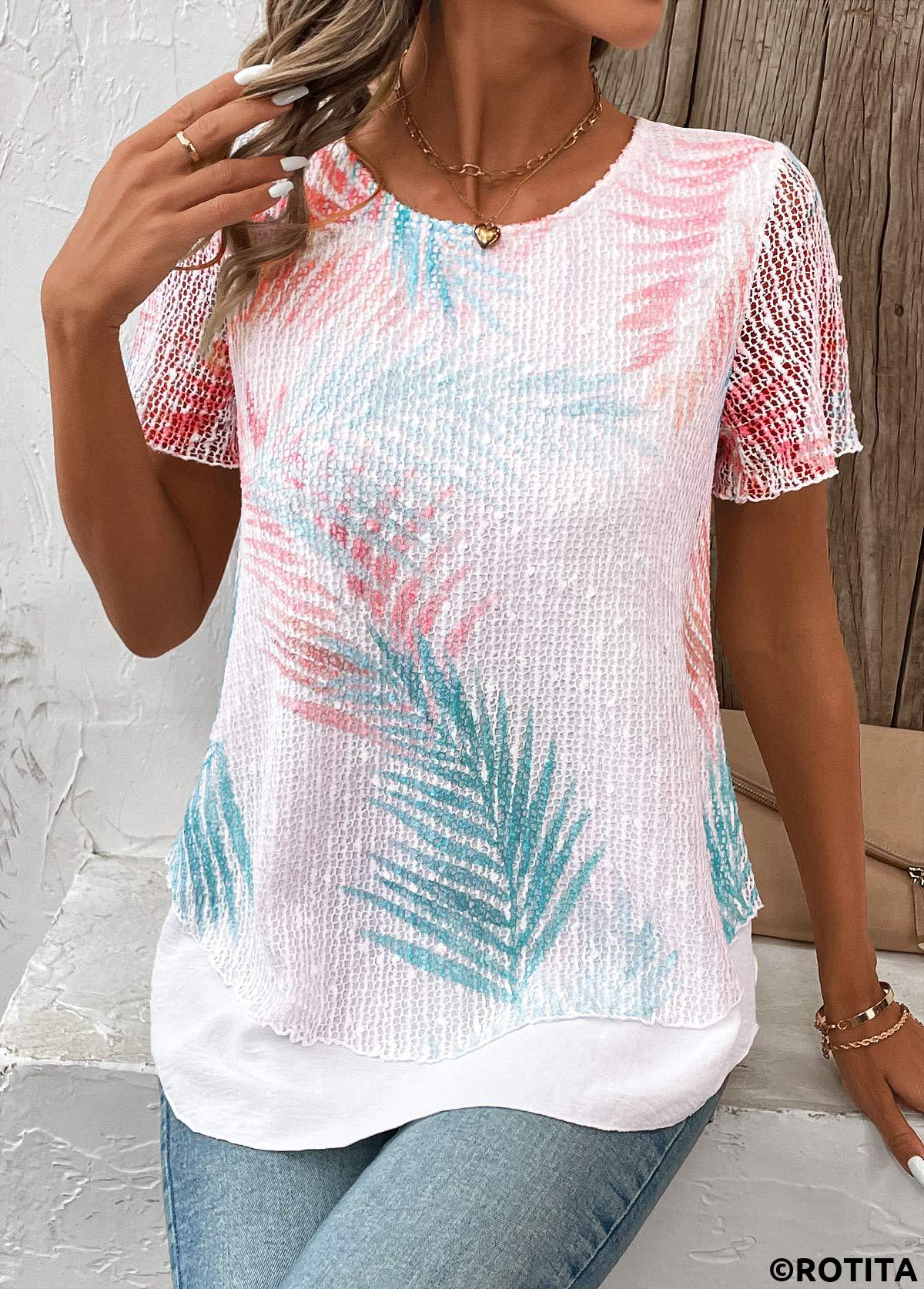 t-shirt blanc à col rond imprimé plantes superposées rotita