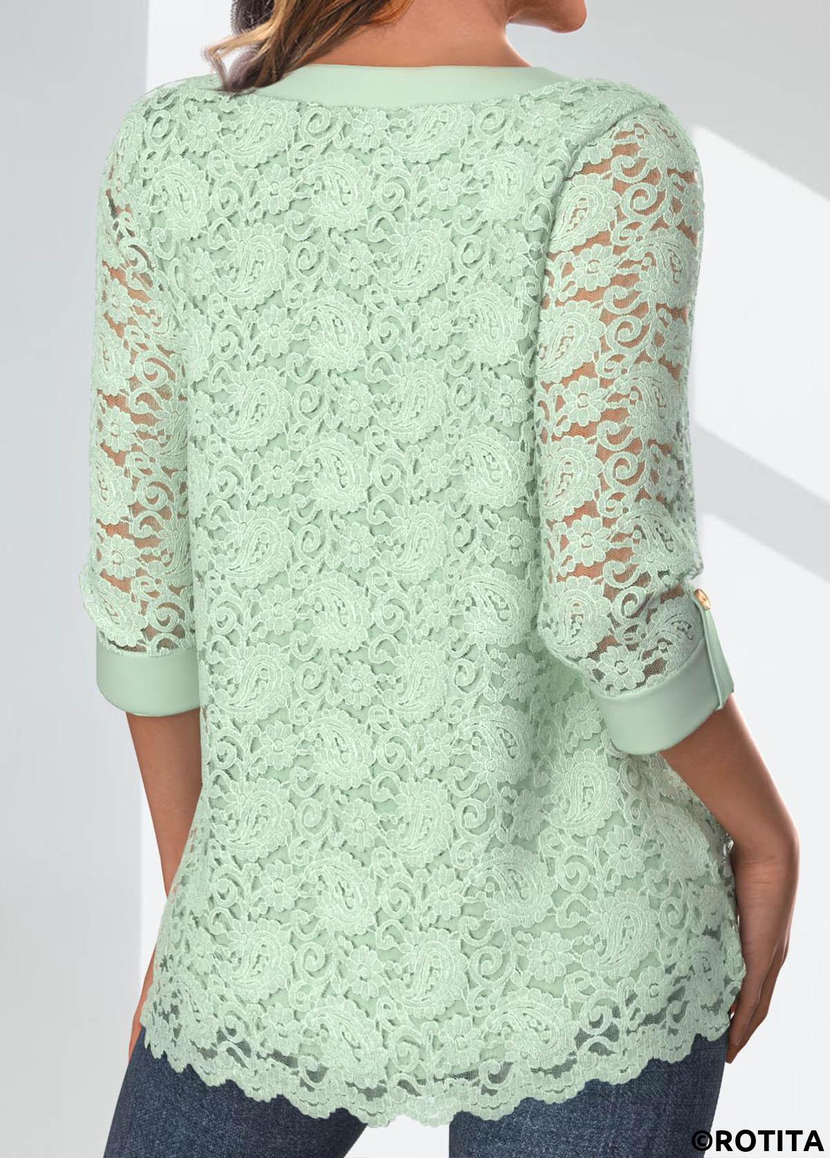 Light Green tops,Plain Color tops,ROTITA Lace Light Green V Neck 3/4 Sleeve Blouse