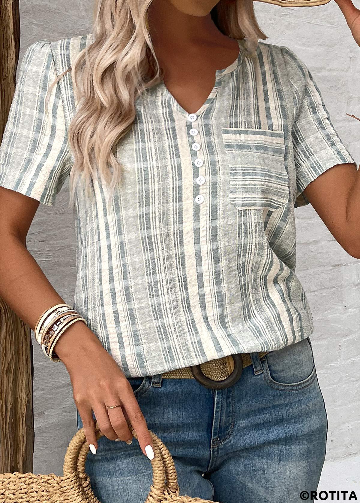 Light Green plus size,Striped plus size,Geometric plus size,ROTITA Split Striped Light Green Short Sleeve Blouse