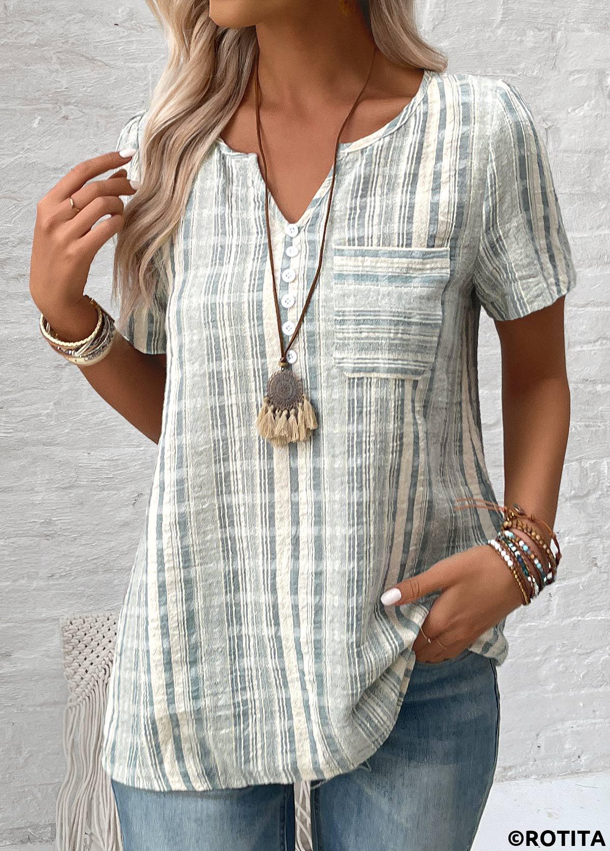 Light Green plus size,Striped plus size,Geometric plus size,ROTITA Split Striped Light Green Short Sleeve Blouse