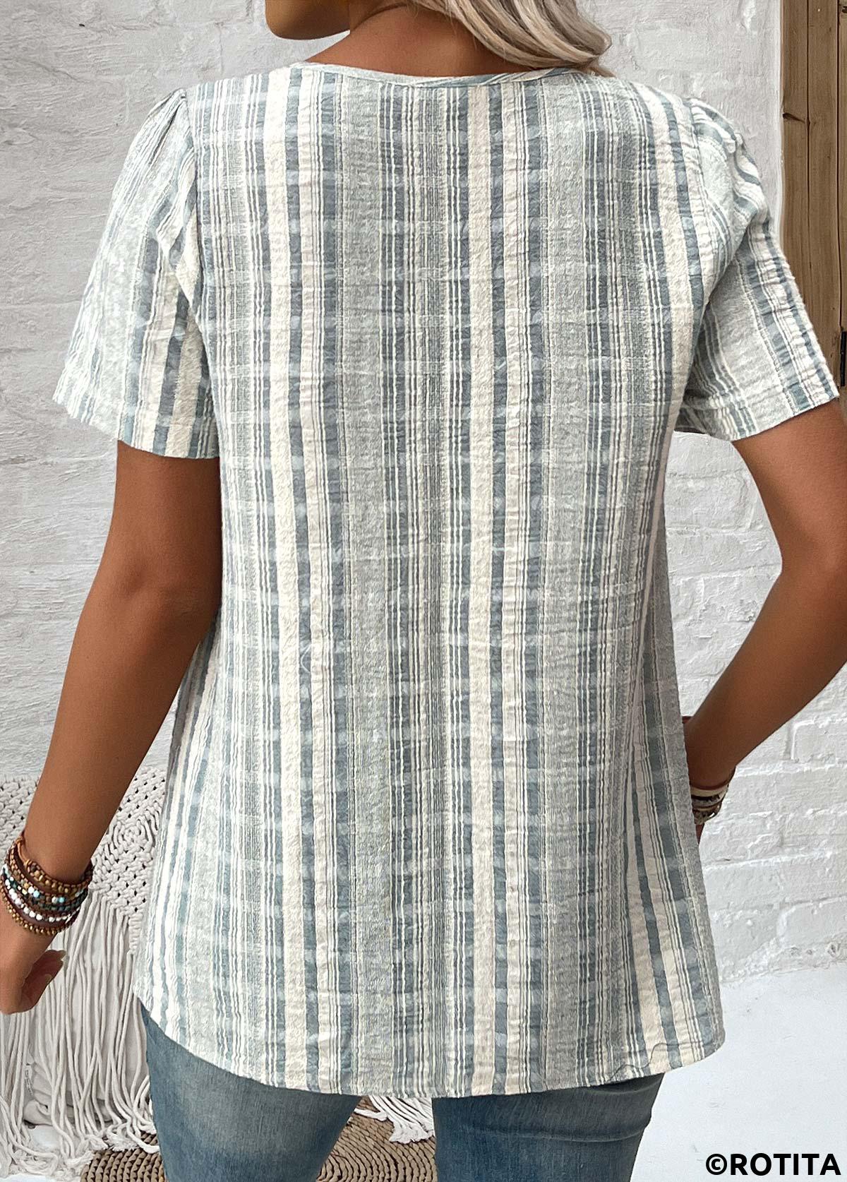 Light Green plus size,Striped plus size,Geometric plus size,ROTITA Split Striped Light Green Short Sleeve Blouse