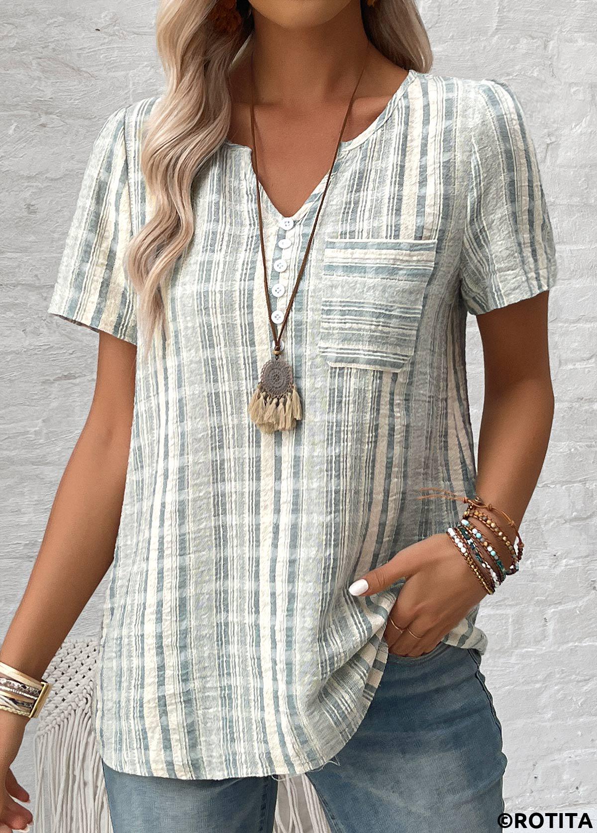 Light Green plus size,Striped plus size,Geometric plus size,ROTITA Split Striped Light Green Short Sleeve Blouse