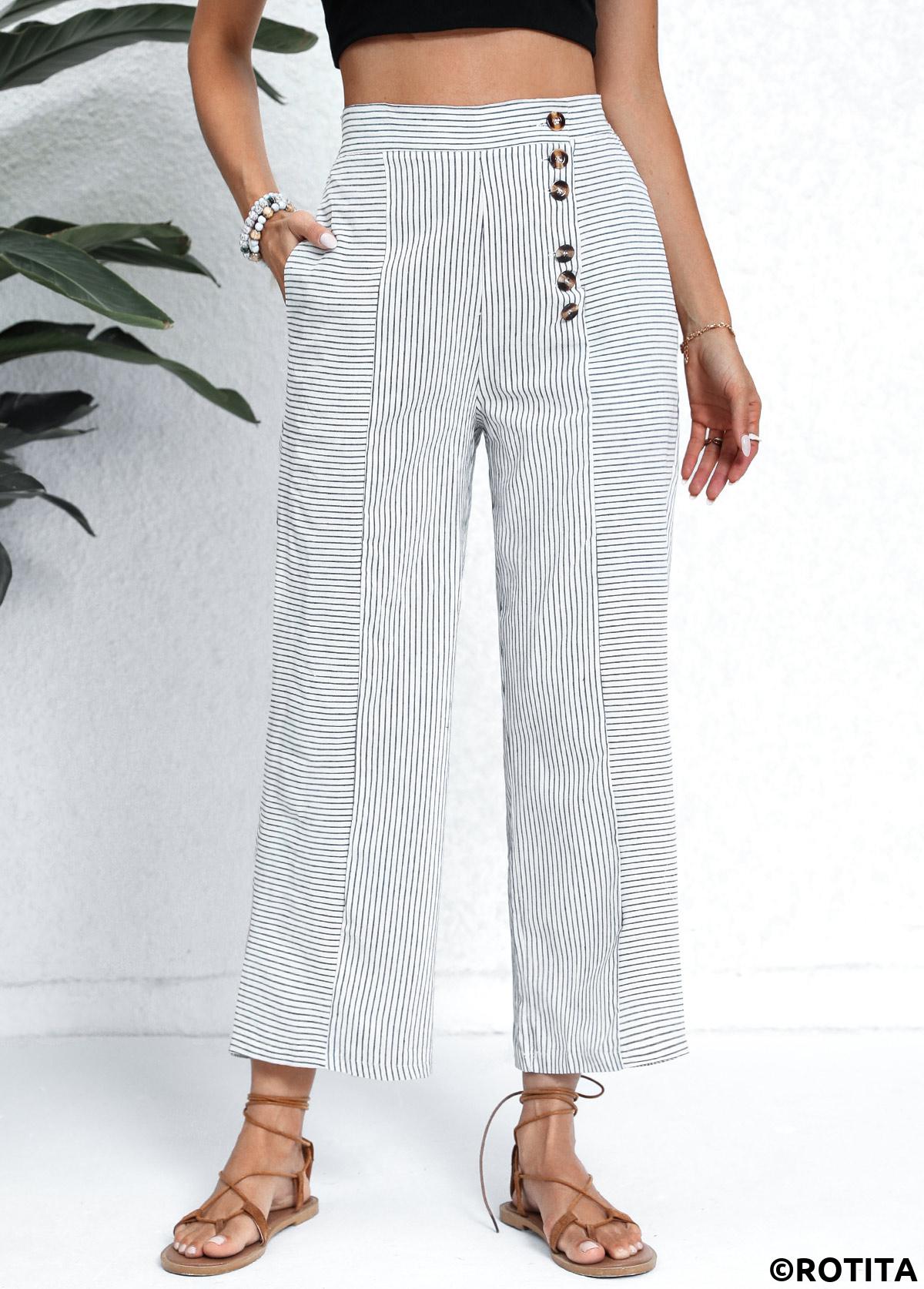 White bottoms,Striped bottoms,Geometric bottoms,Pocket Striped White Button Fly High Waisted Pants