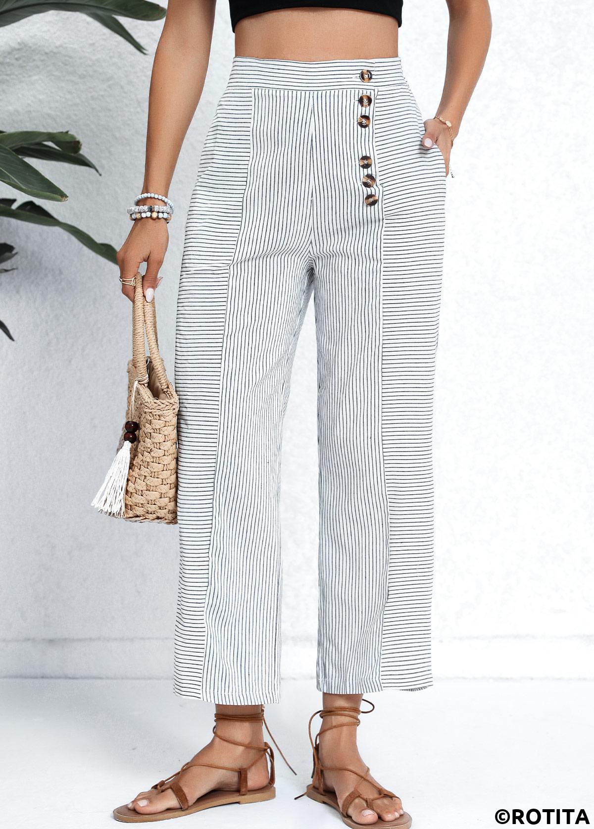 White bottoms,Striped bottoms,Geometric bottoms,Pocket Striped White Button Fly High Waisted Pants