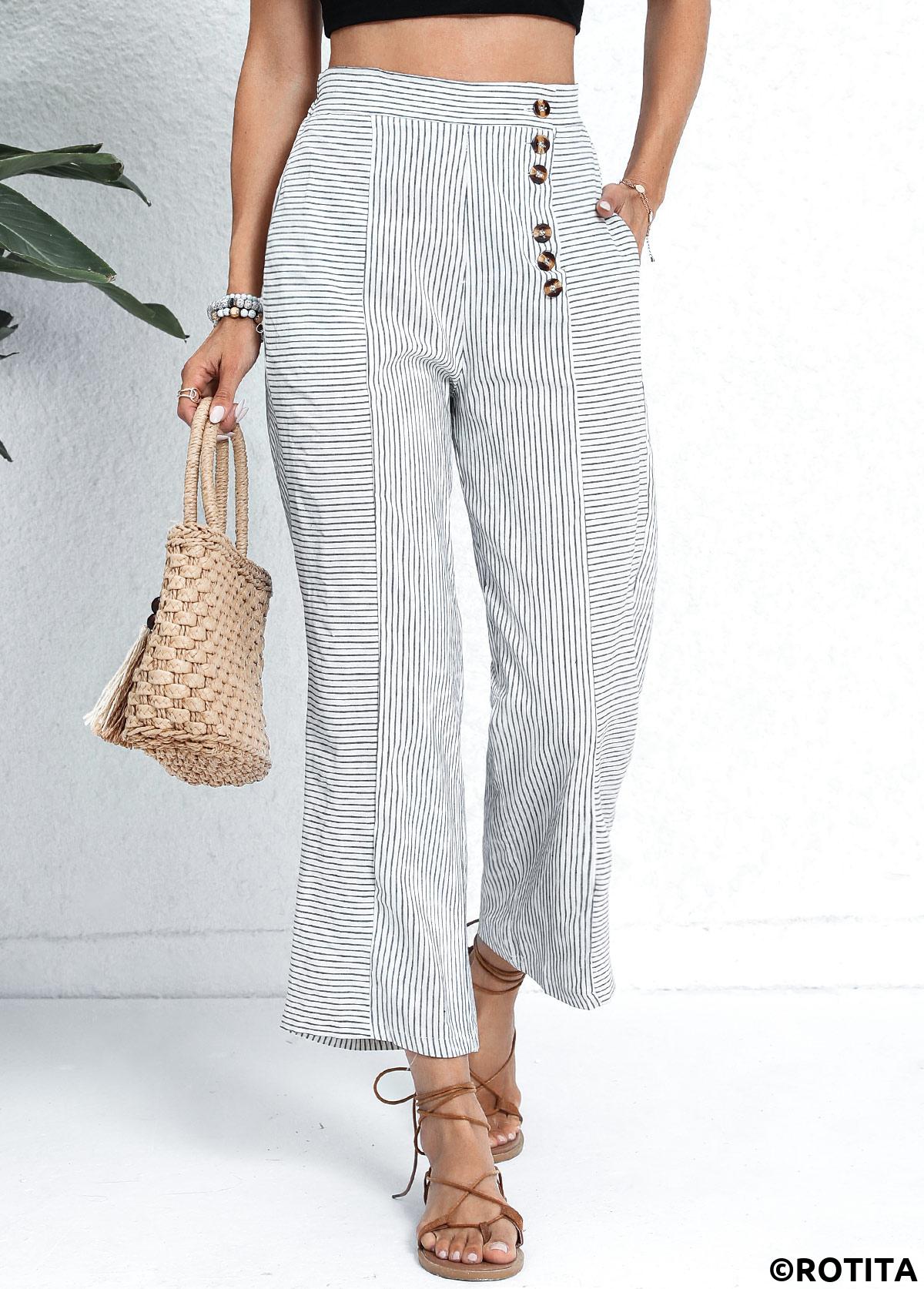 White bottoms,Striped bottoms,Geometric bottoms,Pocket Striped White Button Fly High Waisted Pants