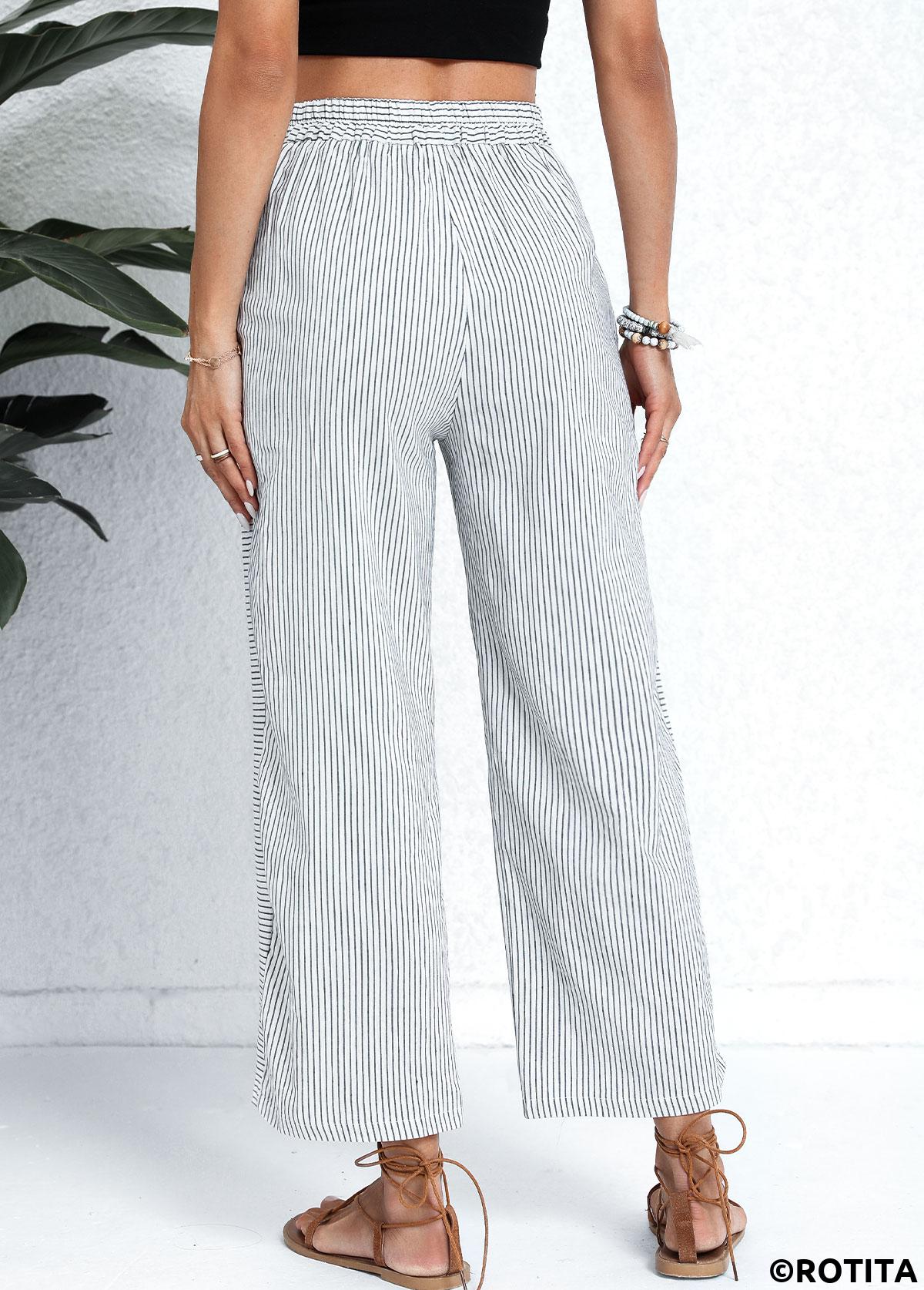 White bottoms,Striped bottoms,Geometric bottoms,Pocket Striped White Button Fly High Waisted Pants