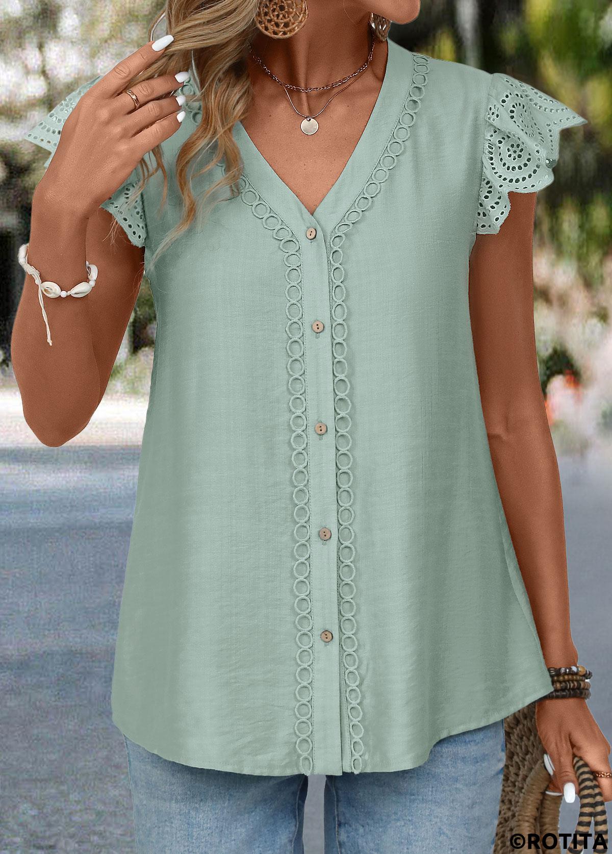 ROTITA Patchwork Sage Green V Neck Short Sleeve Blouse