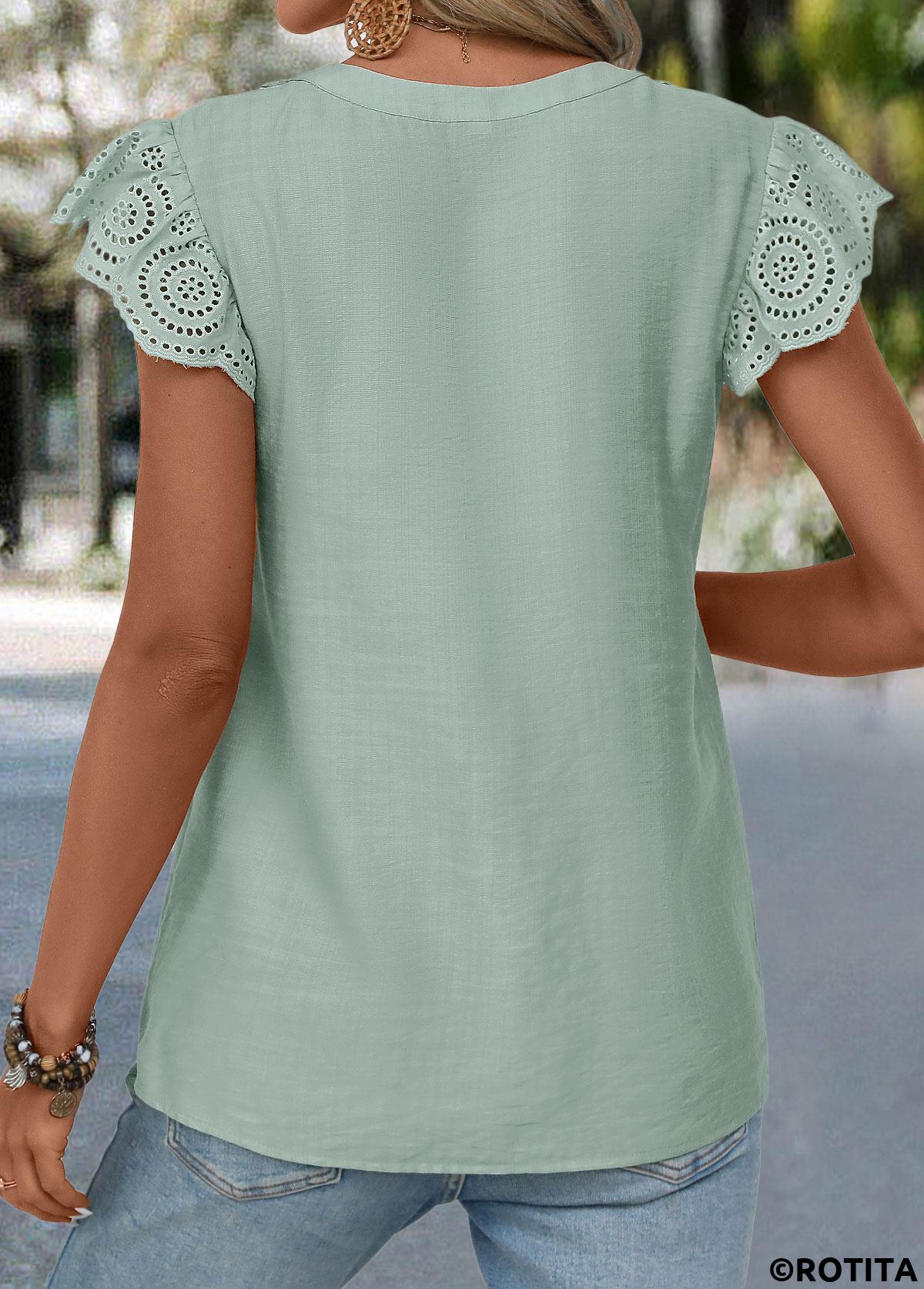 ROTITA Patchwork Sage Green V Neck Short Sleeve Blouse