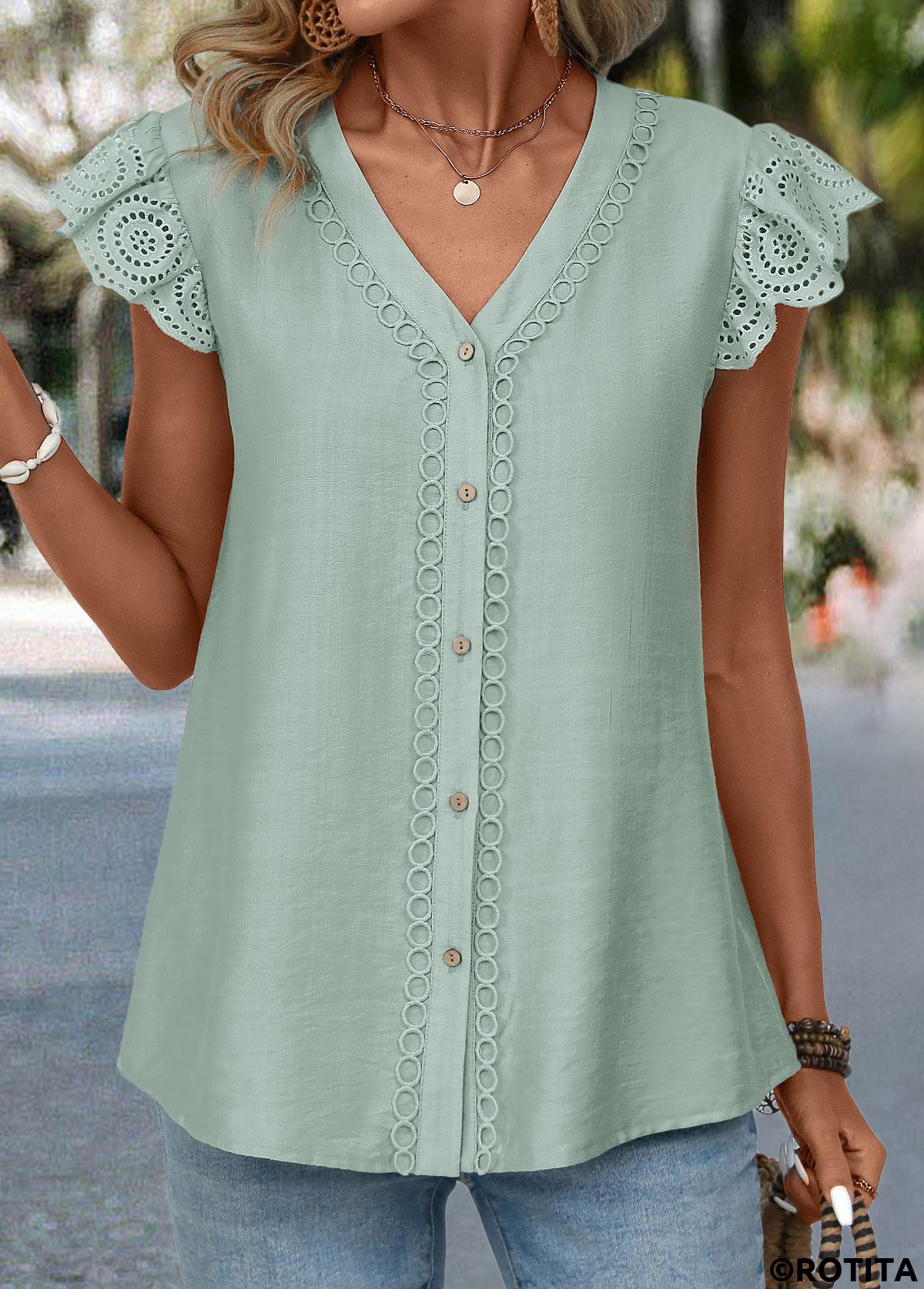 ROTITA Patchwork Sage Green V Neck Short Sleeve Blouse