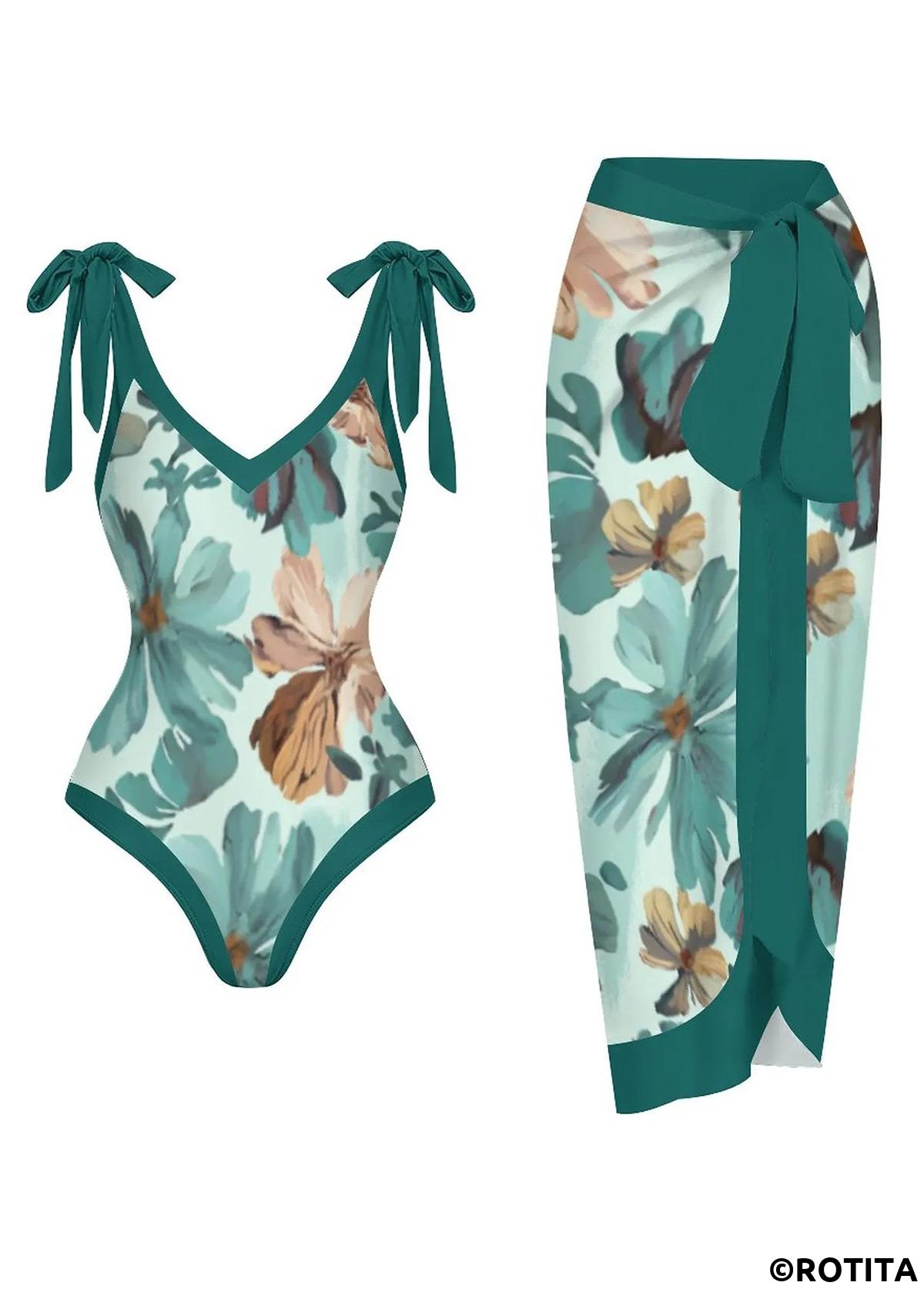 Turquoise swimwear,Floral swimwear,Plants swimwear,ROTITA Turquoise Floral Print One Piece Swimwear and Skirt