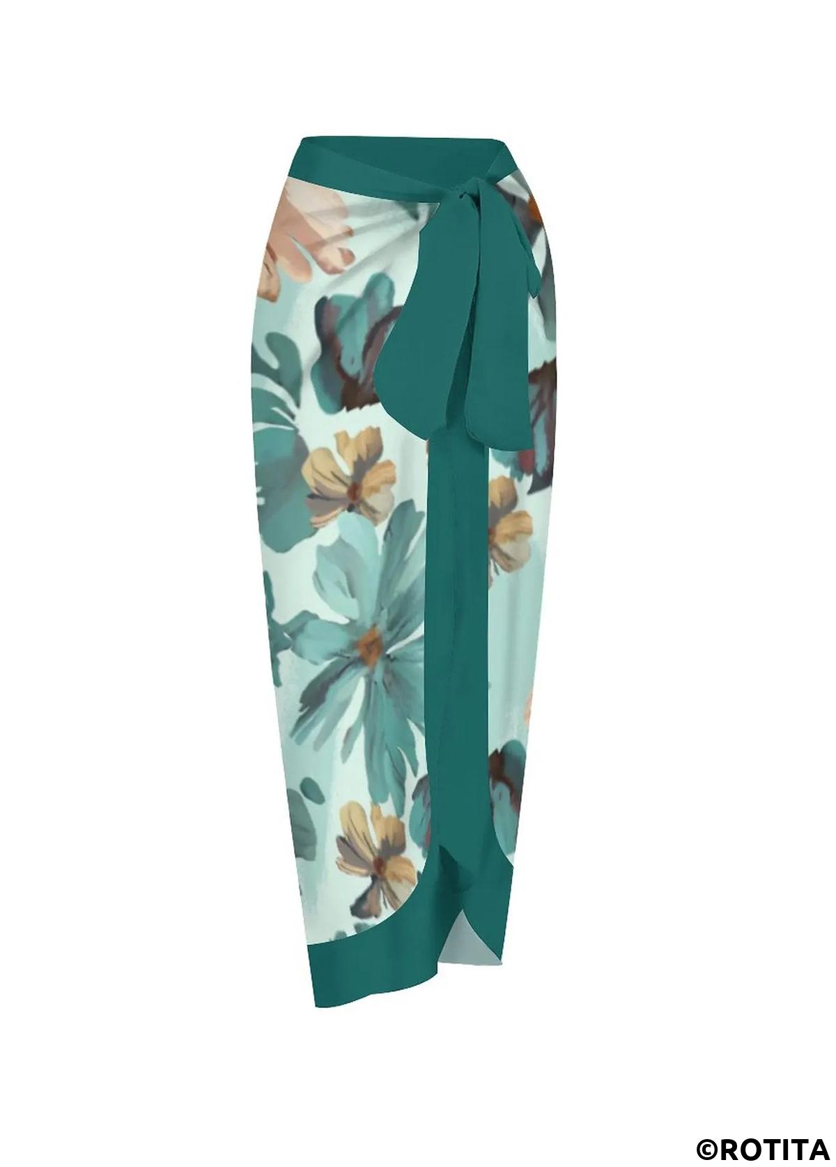 Turquoise swimwear,Floral swimwear,Plants swimwear,ROTITA Turquoise Floral Print One Piece Swimwear and Skirt