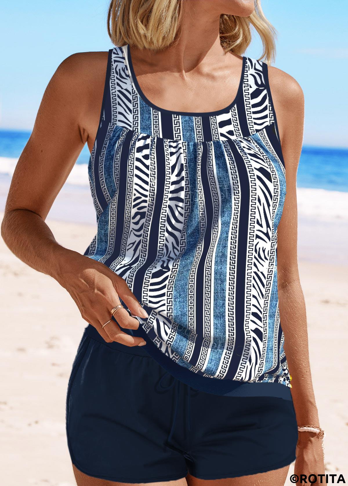 Navy swimwear,Animal Print swimwear,Striped swimwear,Geometric swimwear,ROTITA Patchwork Navy Zebra Stripe Print Tankini Set