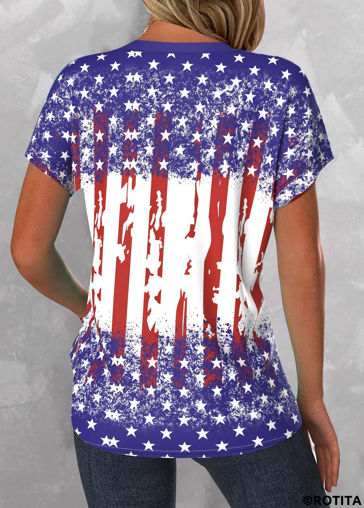 Blue tops,Red tops,Flag tops,Striped tops,Geometric tops,ROTITA American Flag Button Blue Split Neck Short Sleeve Blouse