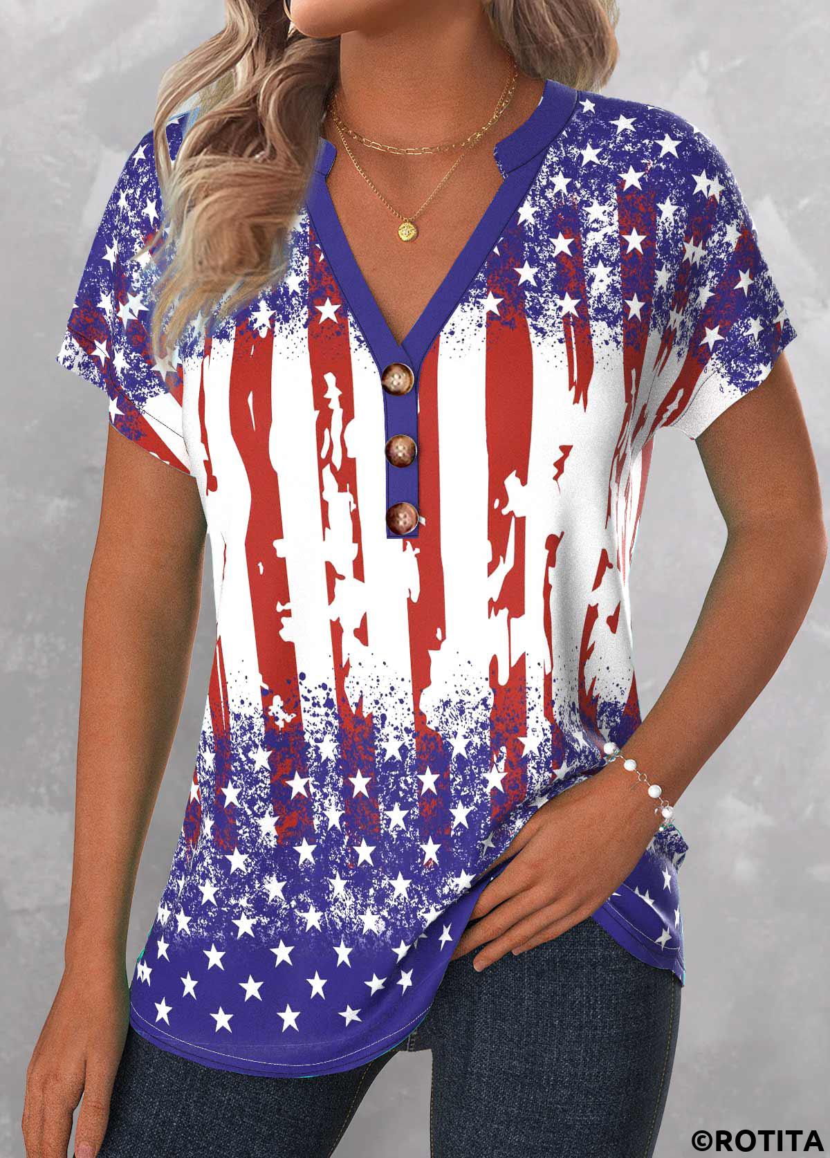 Blue tops,Red tops,Flag tops,Striped tops,Geometric tops,ROTITA American Flag Button Blue Split Neck Short Sleeve Blouse