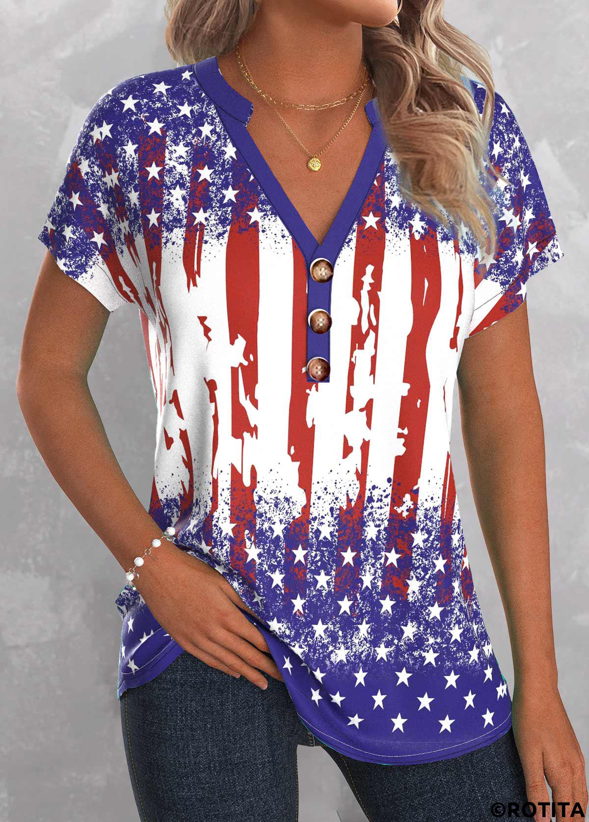 Blue tops,Red tops,Flag tops,Striped tops,Geometric tops,ROTITA American Flag Button Blue Split Neck Short Sleeve Blouse