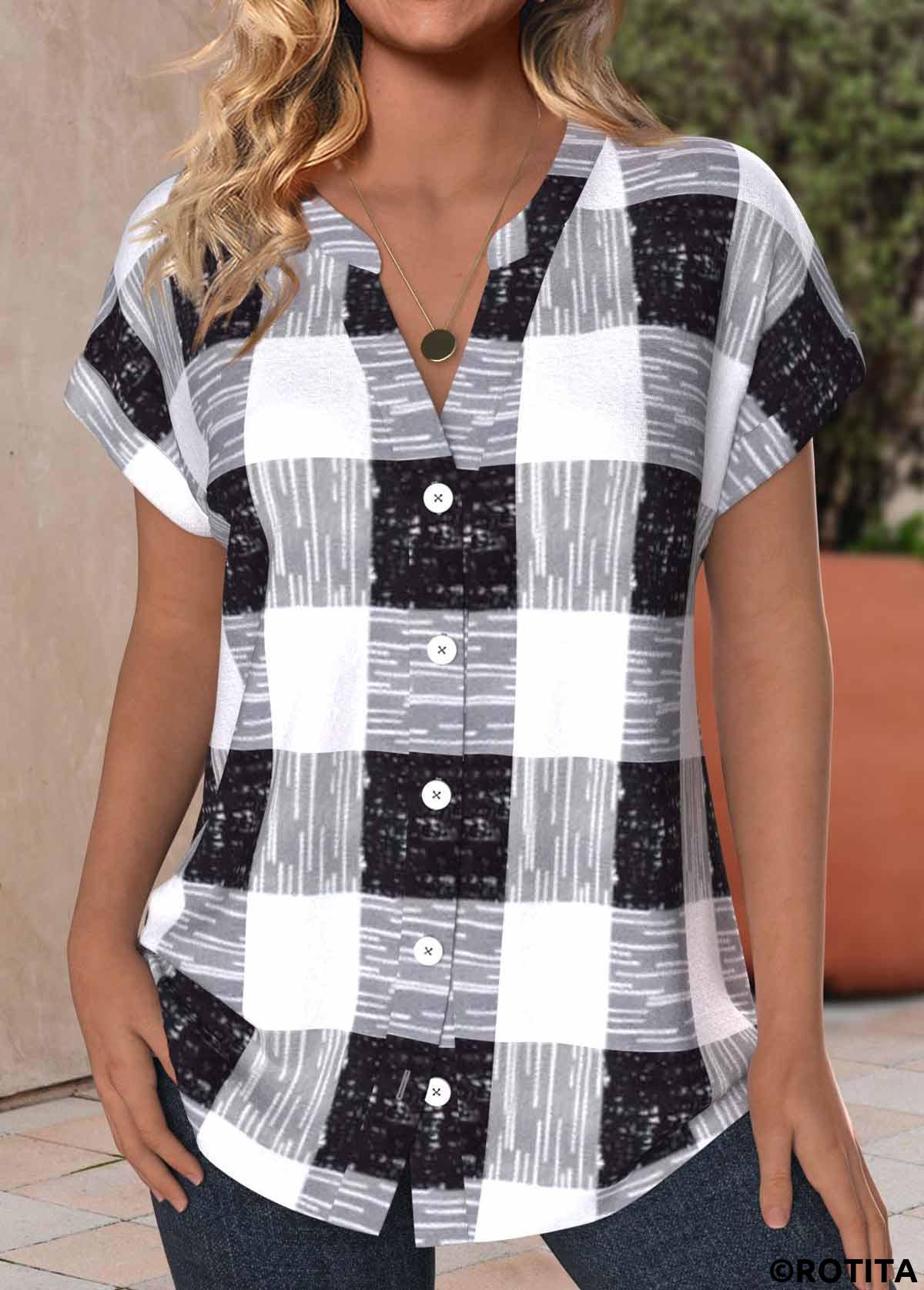 Black tops,White tops,Plaid tops,Striped tops,Geometric tops,ROTITA Button Plaid Black V Neck Short Sleeve Blouse
