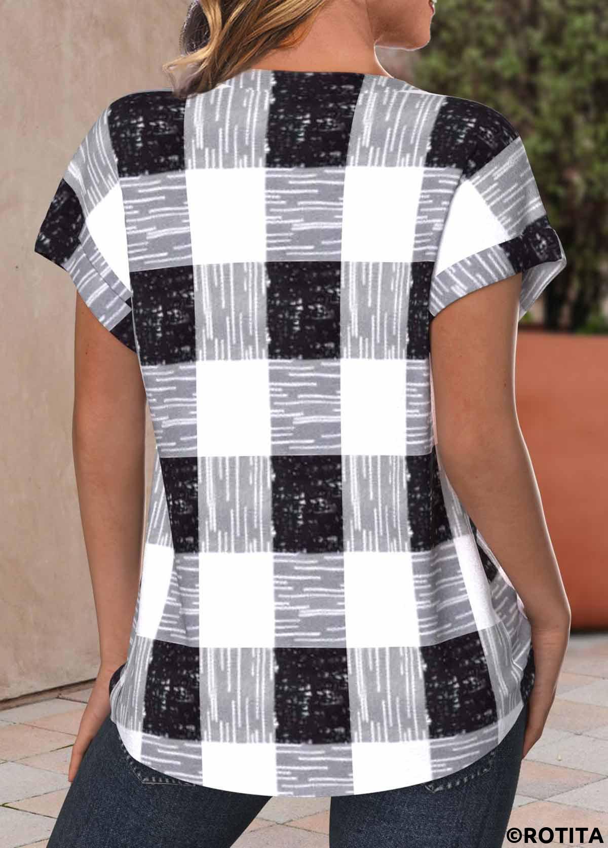 Black tops,White tops,Plaid tops,Striped tops,Geometric tops,ROTITA Button Plaid Black V Neck Short Sleeve Blouse