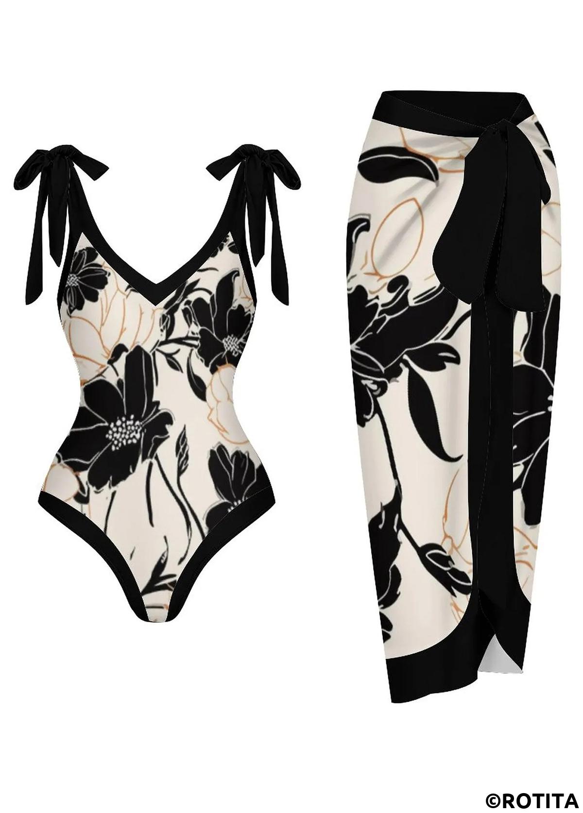 ROTITA Black Floral Print One Piece Swimwear