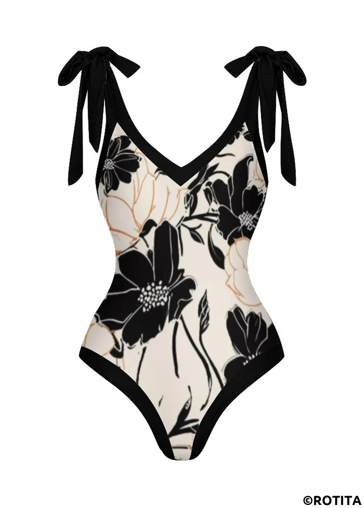 ROTITA Black Floral Print One Piece Swimwear