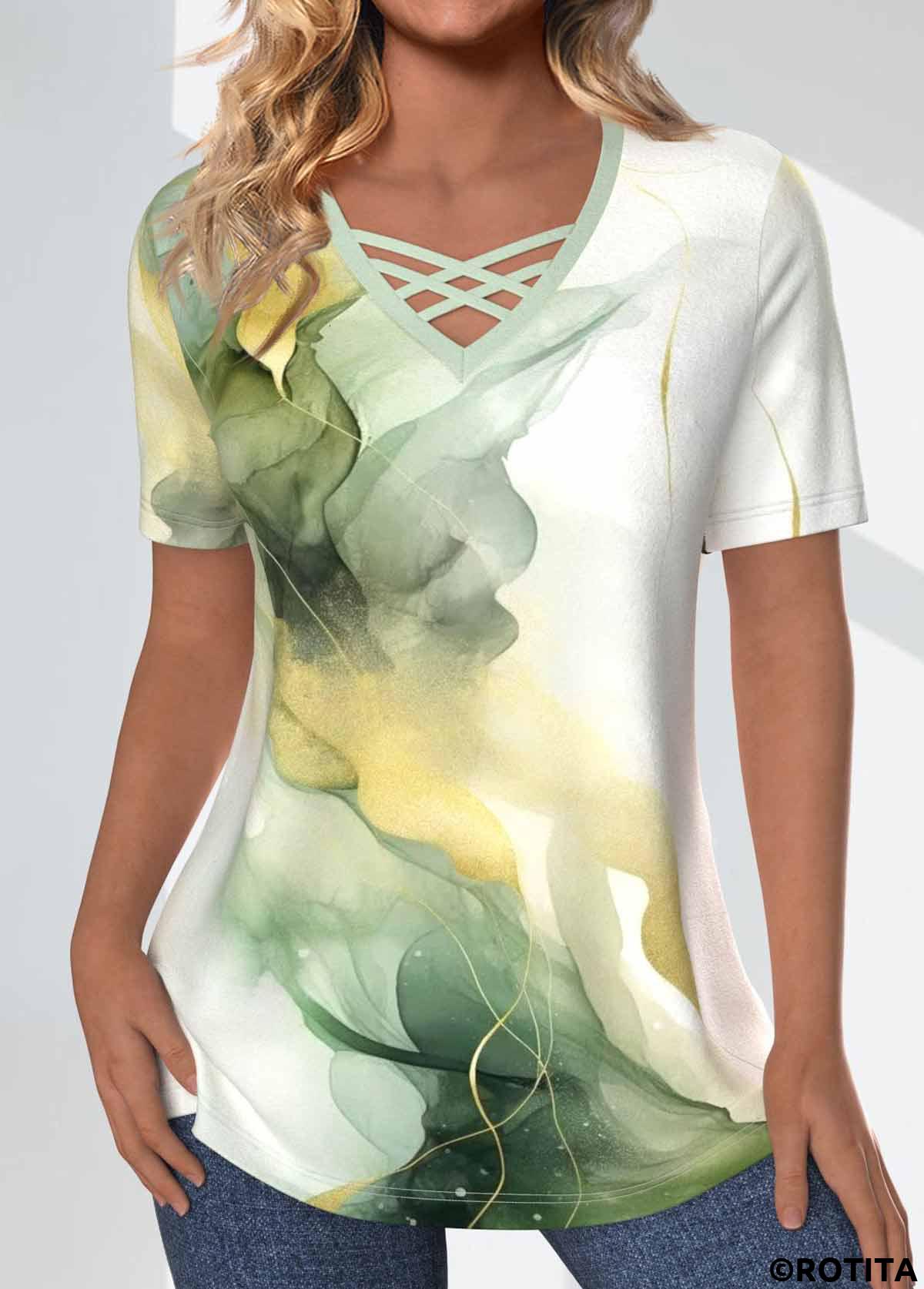 Sage Green tops,White tops,Marble tops,ROTITA Criss Cross Marble Print Sage Green T Shirt