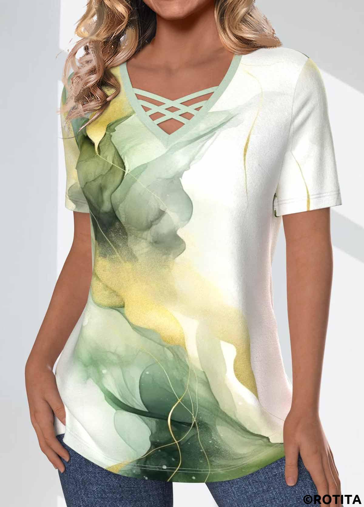 Sage Green tops,White tops,Marble tops,ROTITA Criss Cross Marble Print Sage Green T Shirt