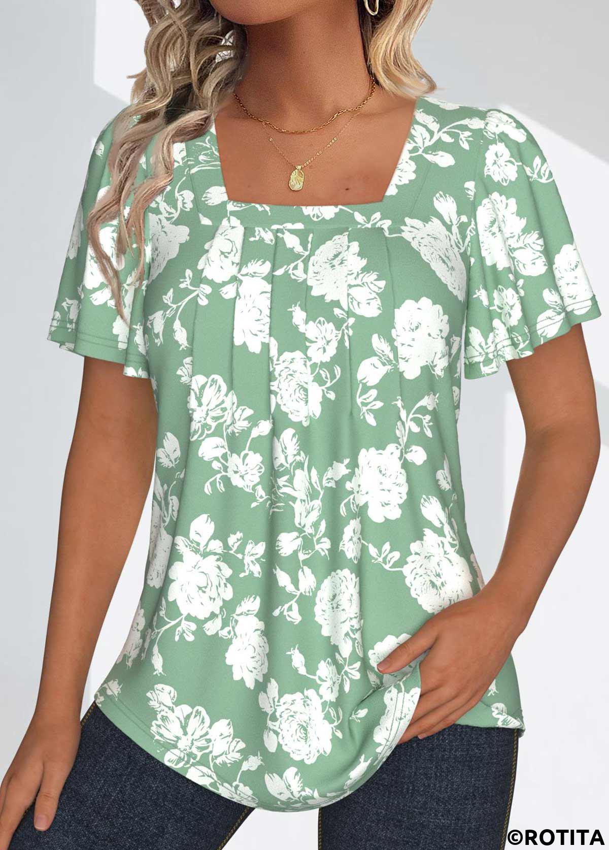 ROTITA Tuck Stitch Floral Print Sage Green T Shirt