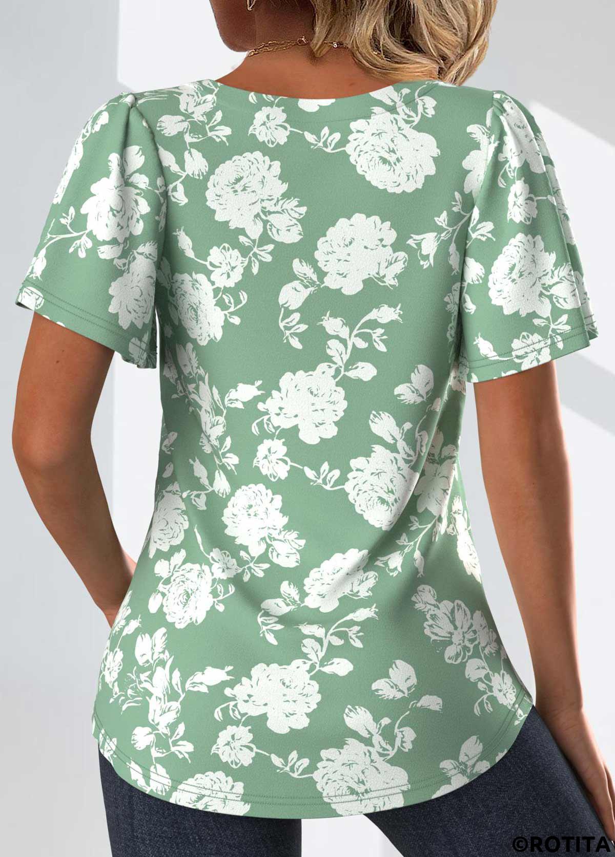 ROTITA Tuck Stitch Floral Print Sage Green T Shirt