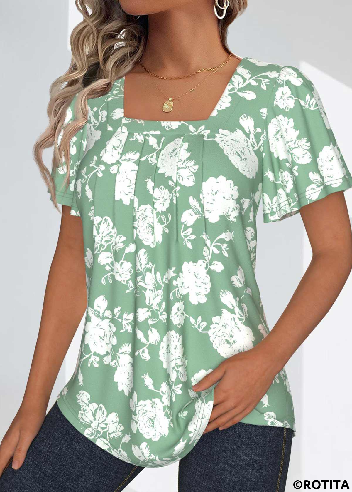 ROTITA Tuck Stitch Floral Print Sage Green T Shirt