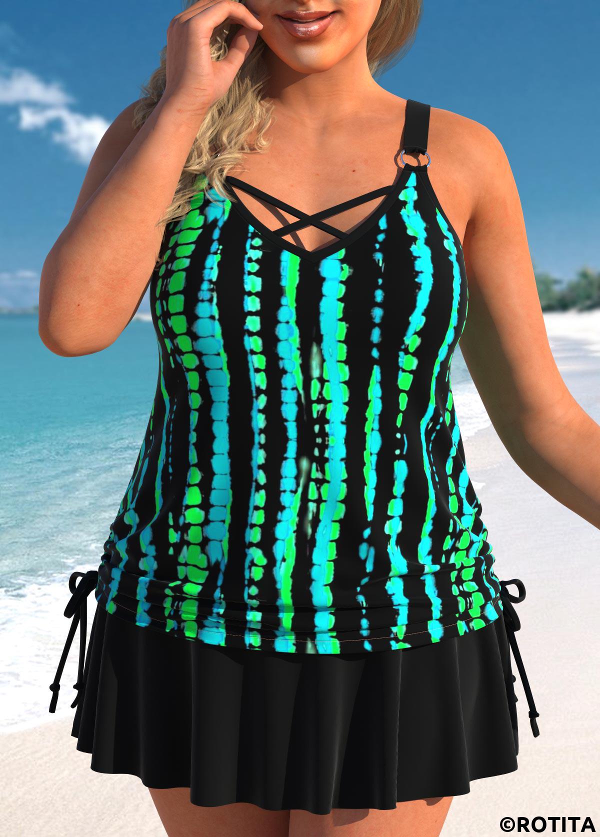 Cyan plus size,Black plus size,Striped plus size,Geometric plus size,ROTITA Plus Size Drawstring Multi Stripe Print Cyan Tankini Set