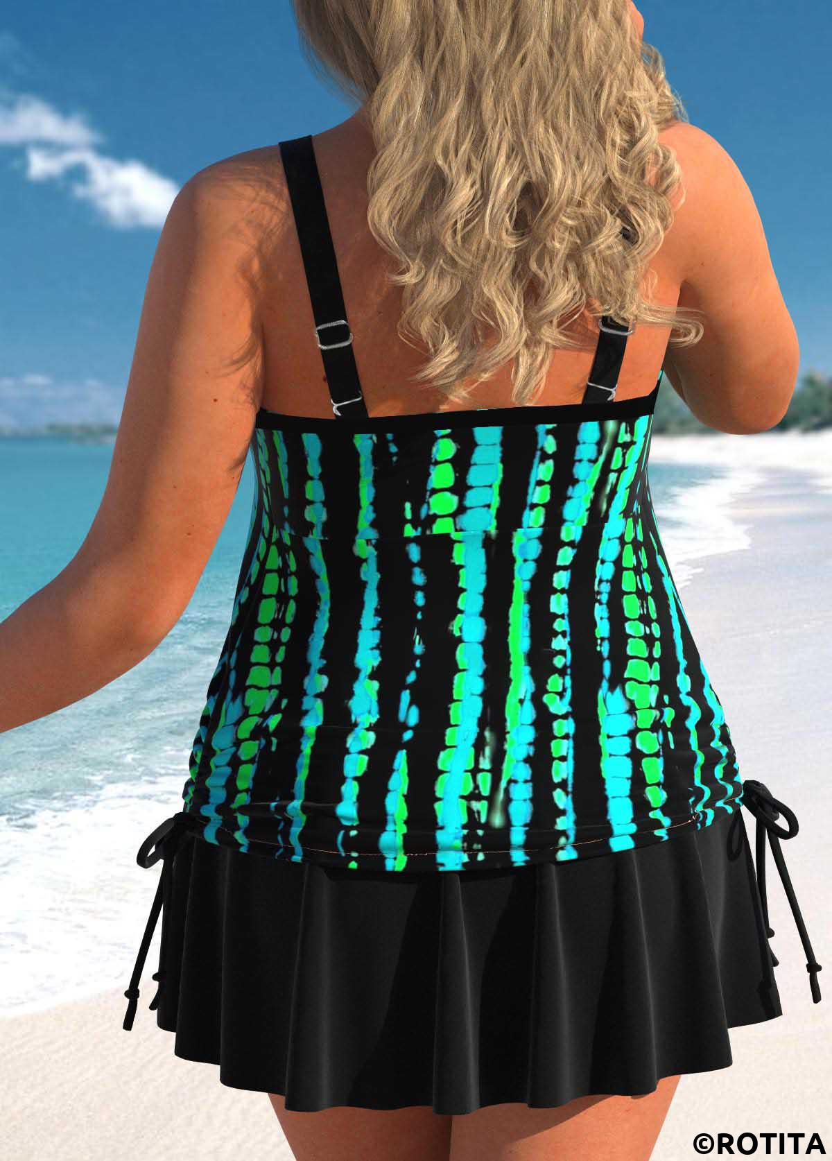 Cyan plus size,Black plus size,Striped plus size,Geometric plus size,ROTITA Plus Size Drawstring Multi Stripe Print Cyan Tankini Set