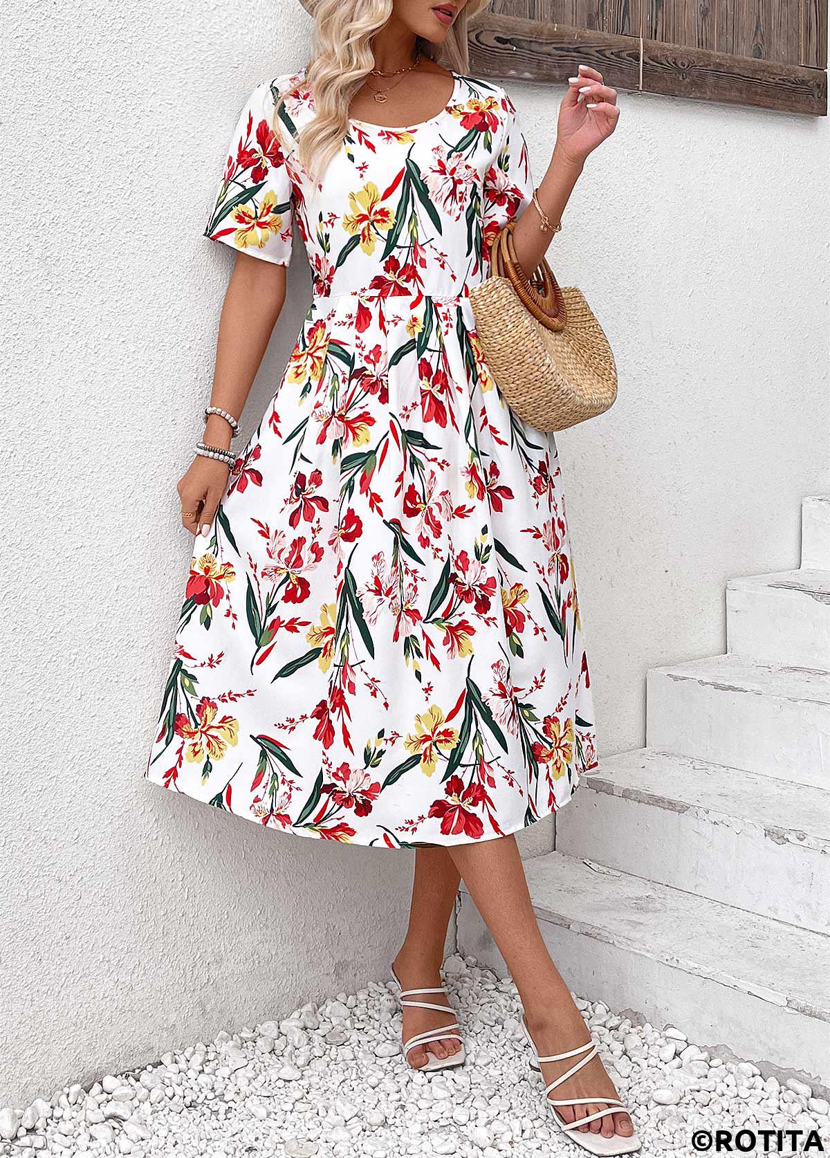 Red dresses,White dresses,Floral dresses,Plants dresses,Everyday dresses,Casual dresses,Zipper Floral Print Red Round Neck Short Sleeve Dress