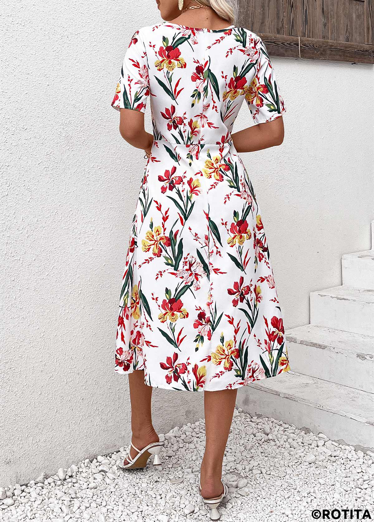 Red dresses,White dresses,Floral dresses,Plants dresses,Everyday dresses,Casual dresses,Zipper Floral Print Red Round Neck Short Sleeve Dress