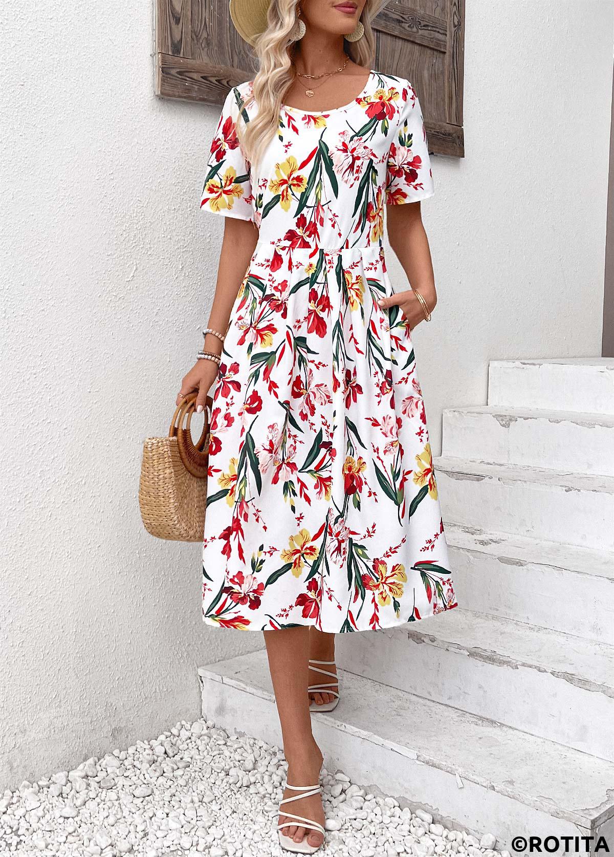 Red dresses,White dresses,Floral dresses,Plants dresses,Everyday dresses,Casual dresses,Zipper Floral Print Red Round Neck Short Sleeve Dress