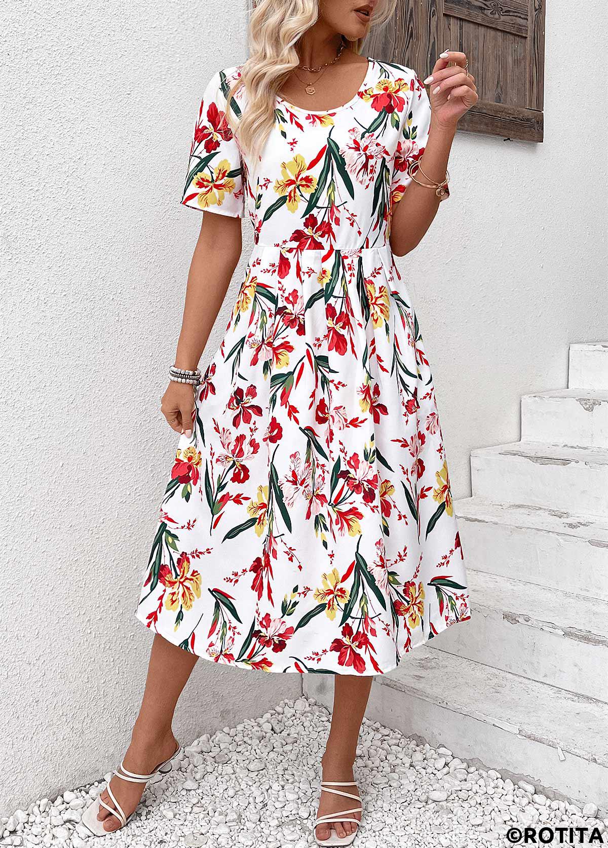 Red dresses,White dresses,Floral dresses,Plants dresses,Everyday dresses,Casual dresses,Zipper Floral Print Red Round Neck Short Sleeve Dress