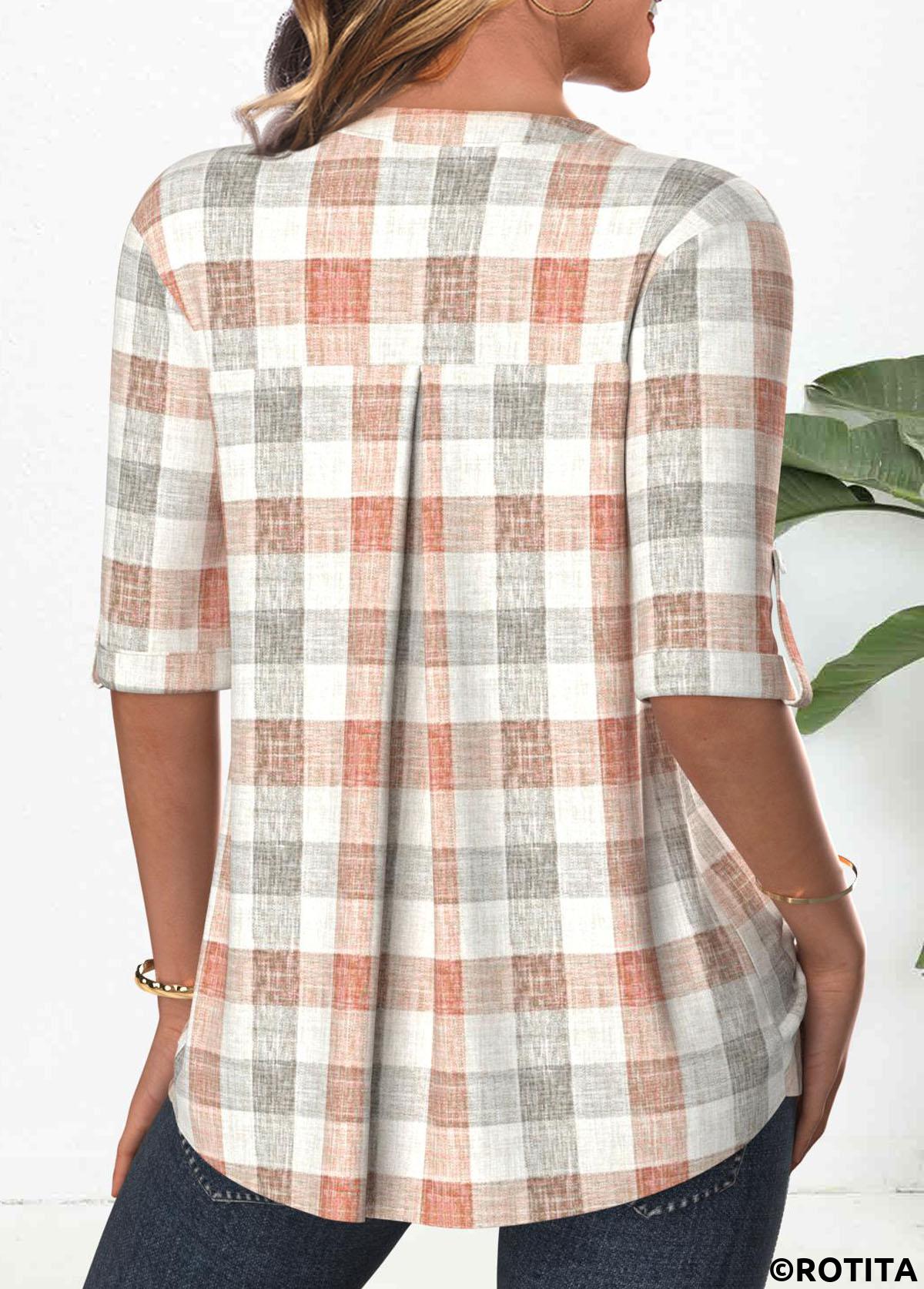 Orange tops,Grey tops,Plaid tops,Geometric tops,ROTITA Button Plaid Orange Split Neck 3/4 Sleeve Blouse