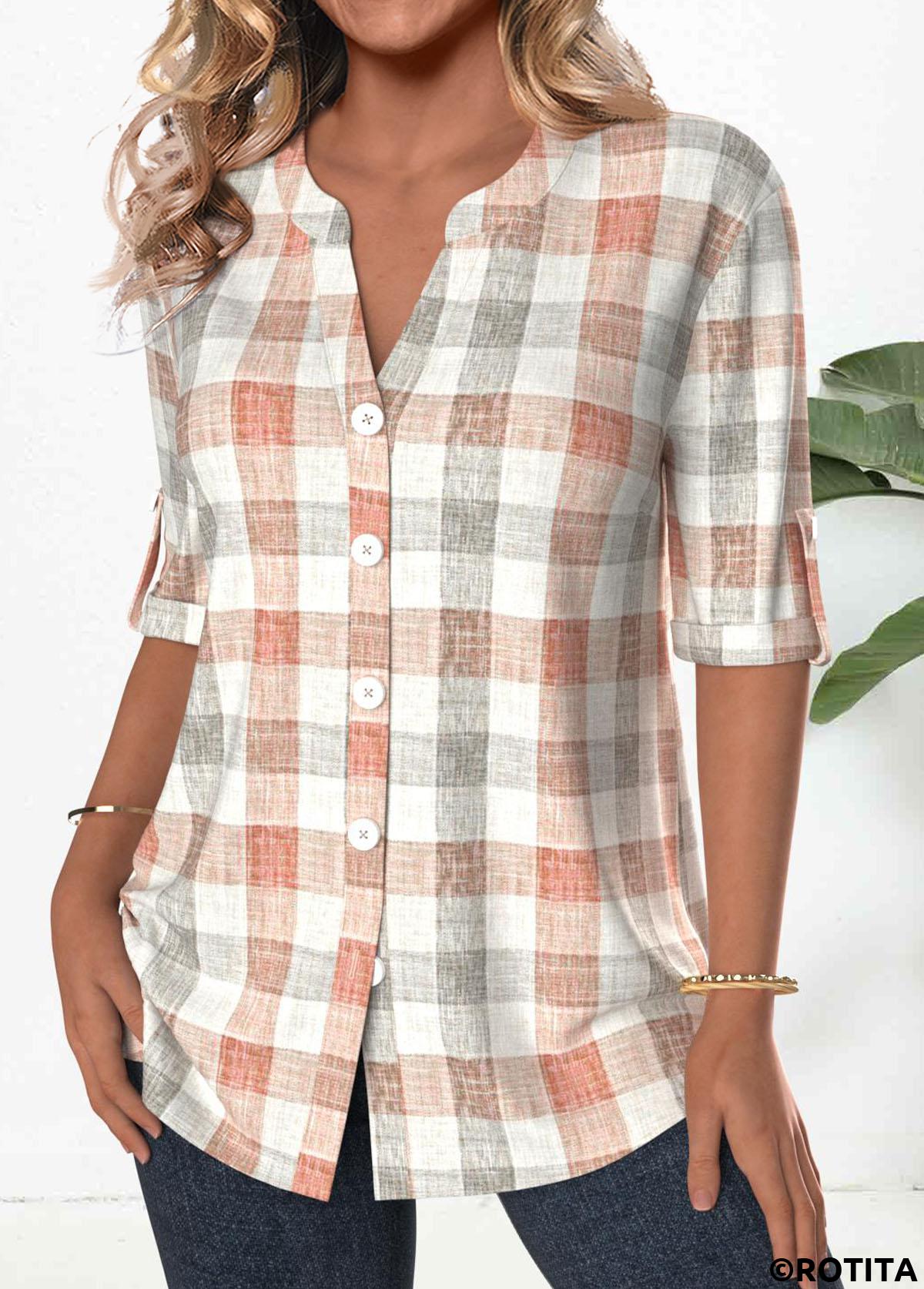 Orange tops,Grey tops,Plaid tops,Geometric tops,ROTITA Button Plaid Orange Split Neck 3/4 Sleeve Blouse