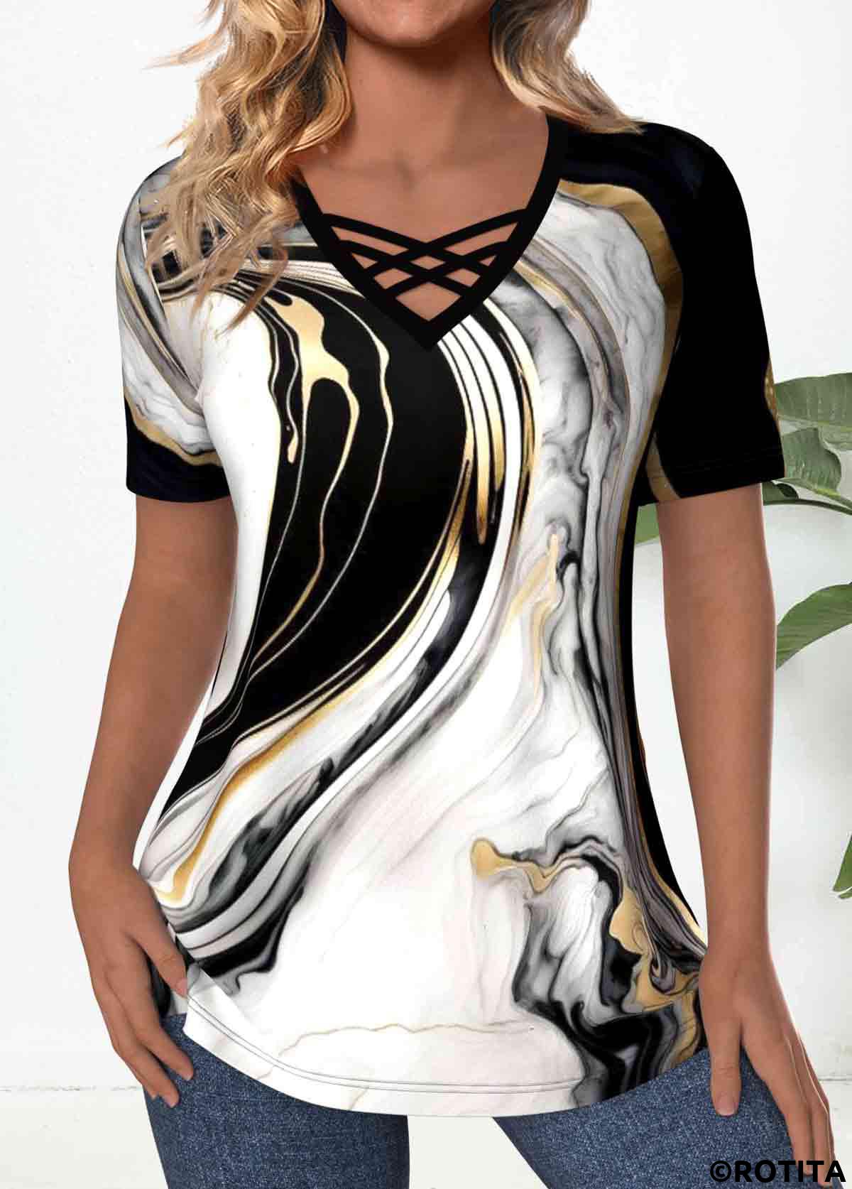 Black tops,White tops,Marble tops,ROTITA Criss Cross Marble Print Black V Neck T Shirt