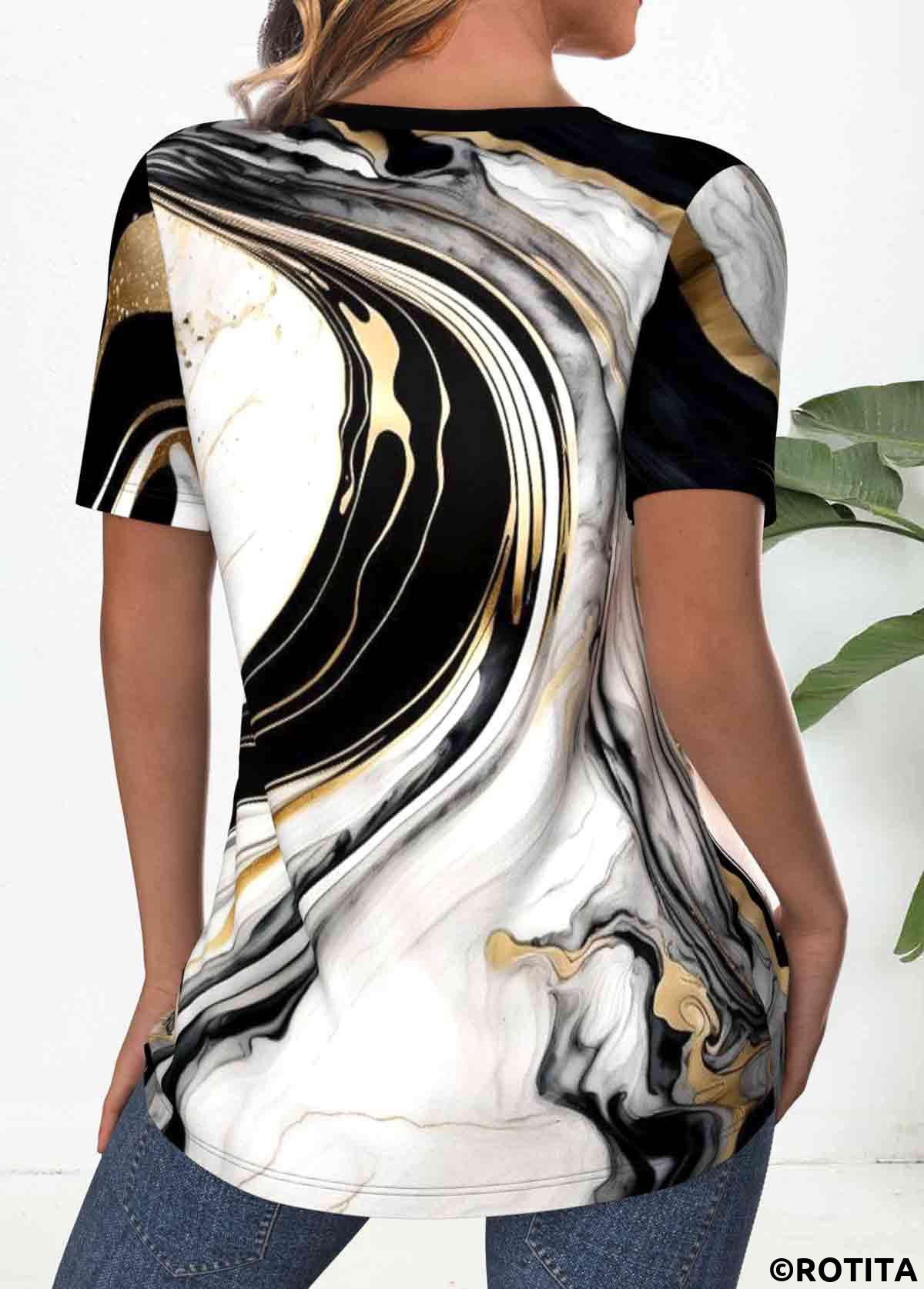 Black tops,White tops,Marble tops,ROTITA Criss Cross Marble Print Black V Neck T Shirt