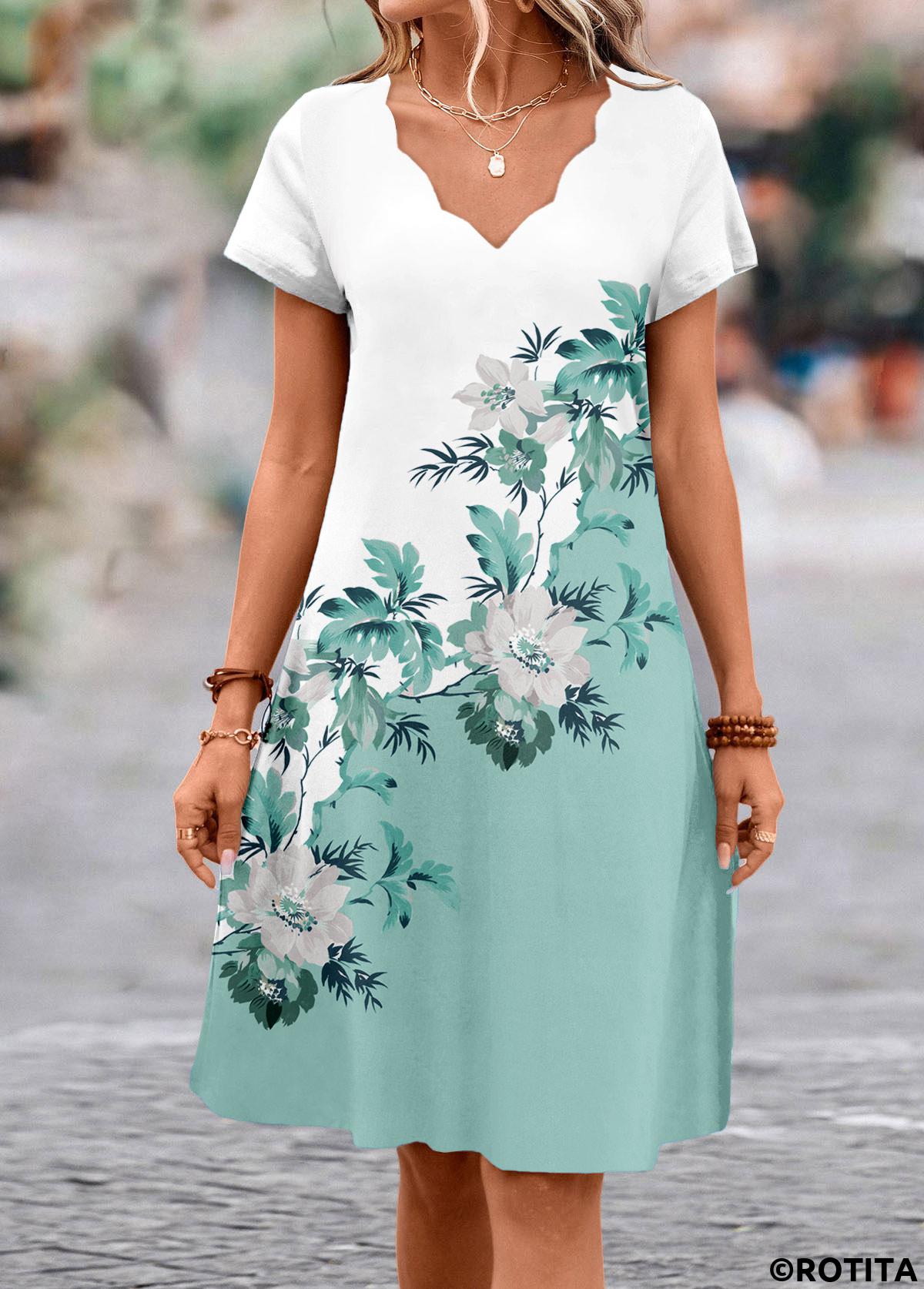 Sage Green dresses,White dresses,Floral dresses,Plants dresses,Everyday dresses,Casual dresses,ROTITA Scalloped Hem Floral Print Sage Green A Line Dress