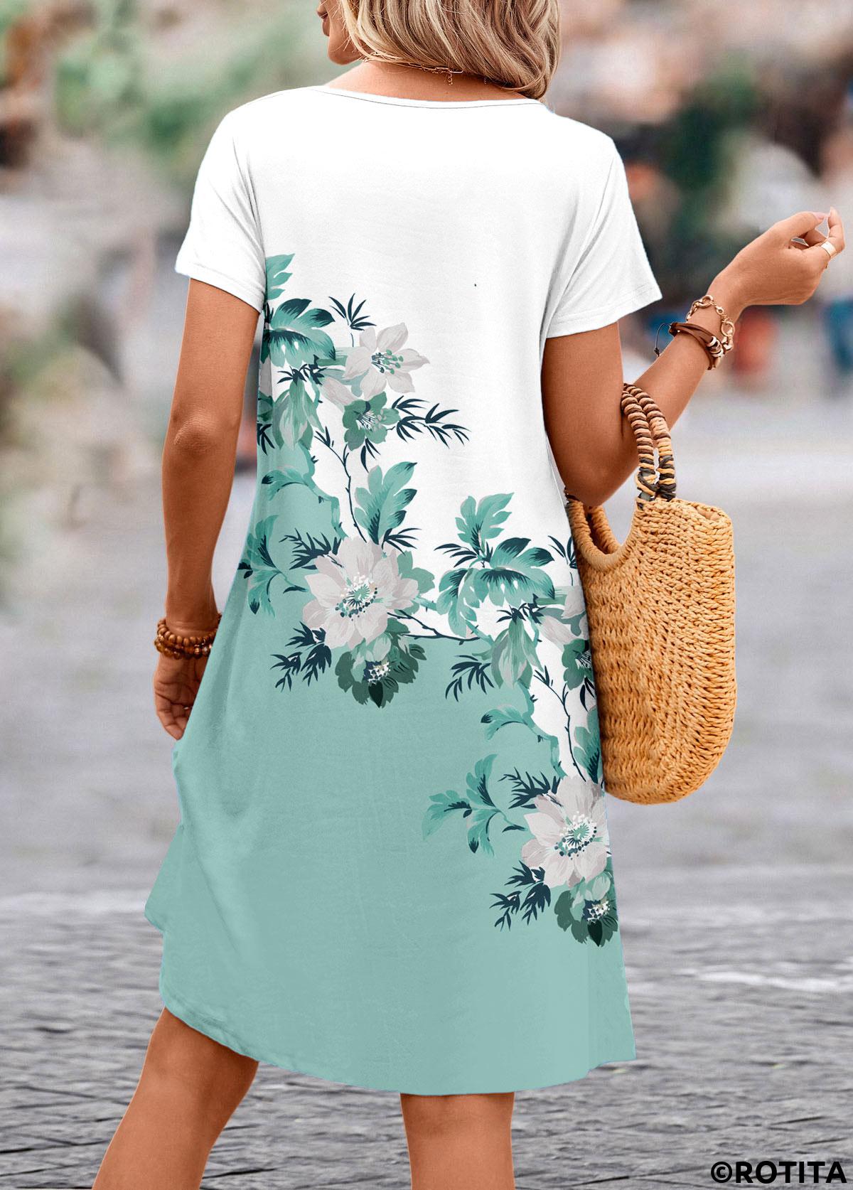 Sage Green dresses,White dresses,Floral dresses,Plants dresses,Everyday dresses,Casual dresses,ROTITA Scalloped Hem Floral Print Sage Green A Line Dress