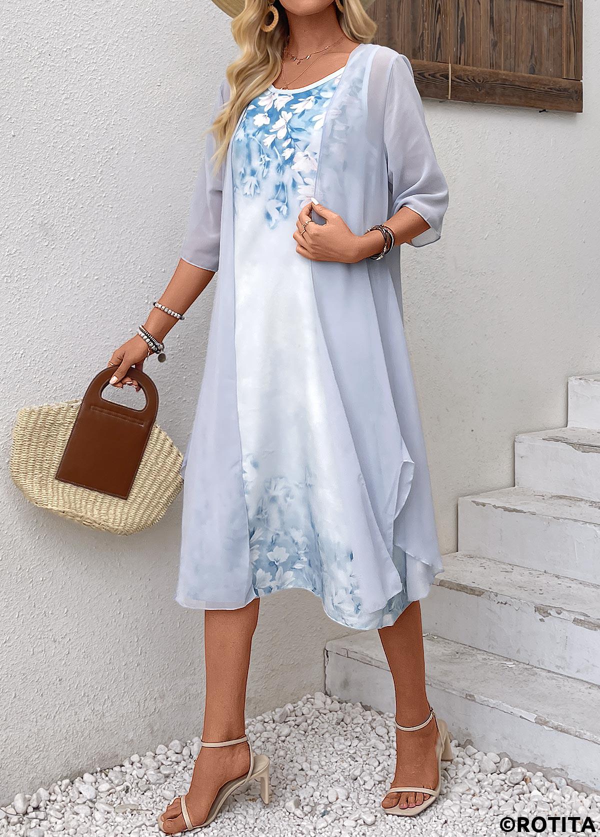 Light Blue dresses,Floral dresses,Plants dresses,Everyday dresses,Casual dresses,Two Piece Floral Print Light Blue Shift Dress