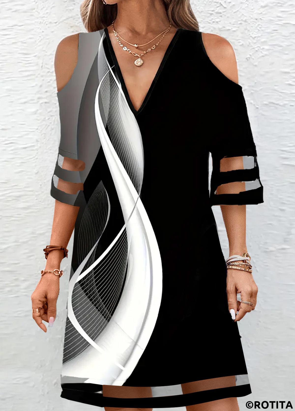 Black dresses,Grey dresses,Geometric dresses,Vacation dresses,Vacation dresses,ROTITA Mesh Geometric Print Black A Line V Neck Dress