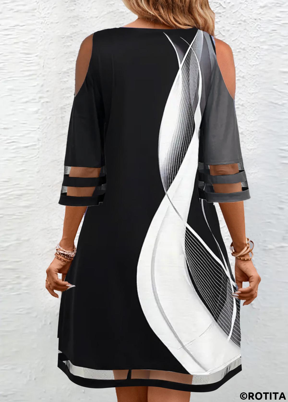 Black dresses,Grey dresses,Geometric dresses,Vacation dresses,Vacation dresses,ROTITA Mesh Geometric Print Black A Line V Neck Dress