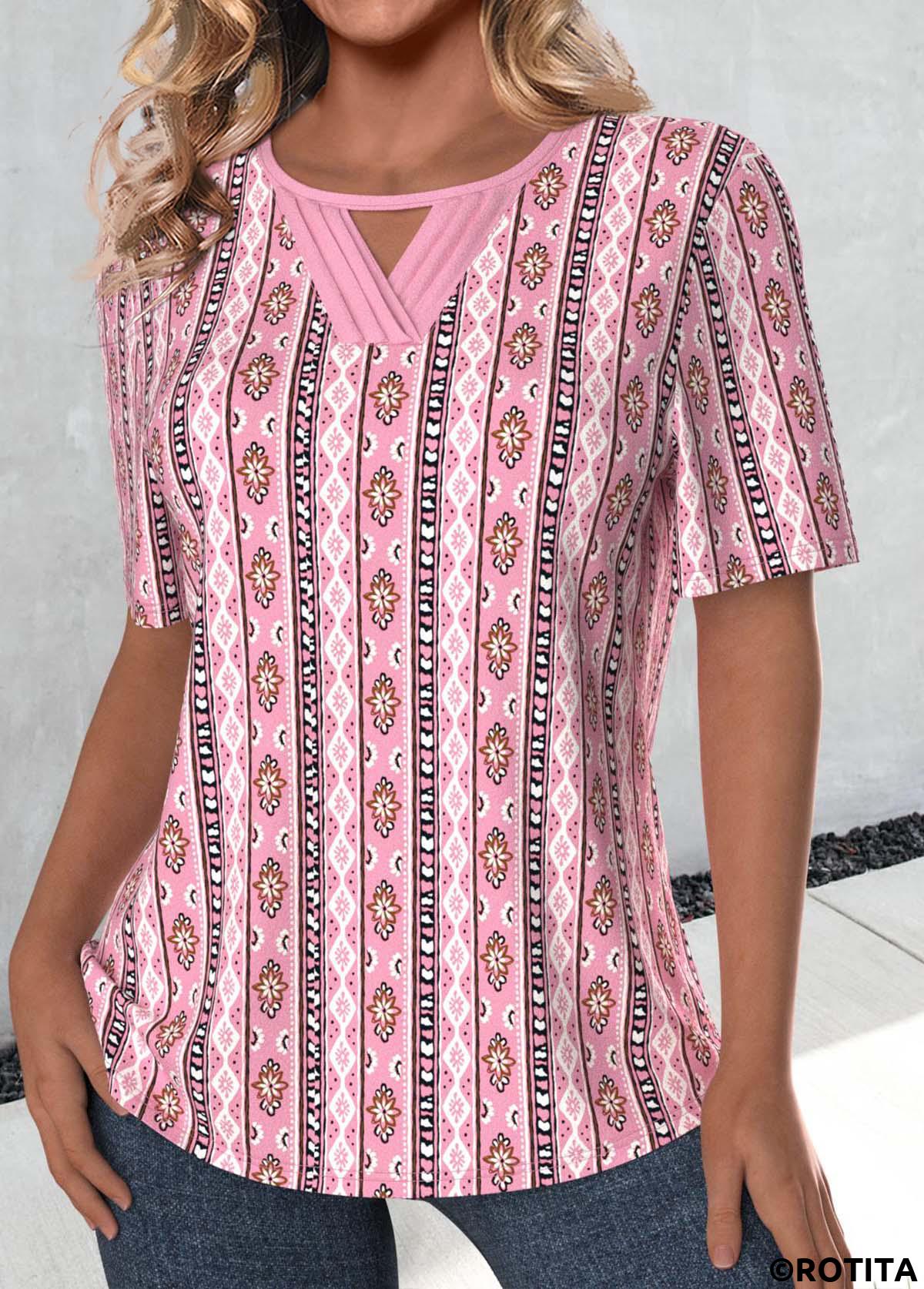 Pink tops,Tribal tops,Striped tops,Geometric tops,Floral tops,ROTITA Cut Out Tribal Print Pink Round Neck T Shirt