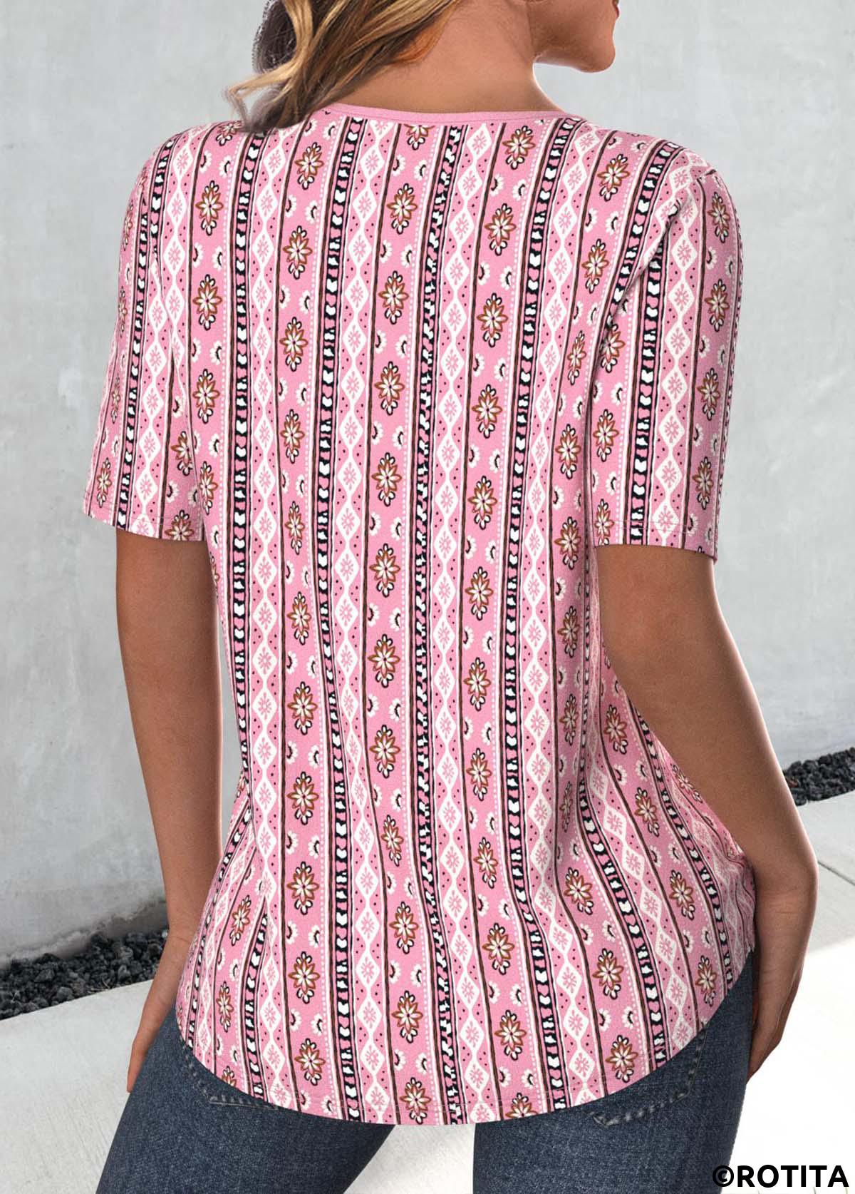 Pink tops,Tribal tops,Striped tops,Geometric tops,Floral tops,ROTITA Cut Out Tribal Print Pink Round Neck T Shirt